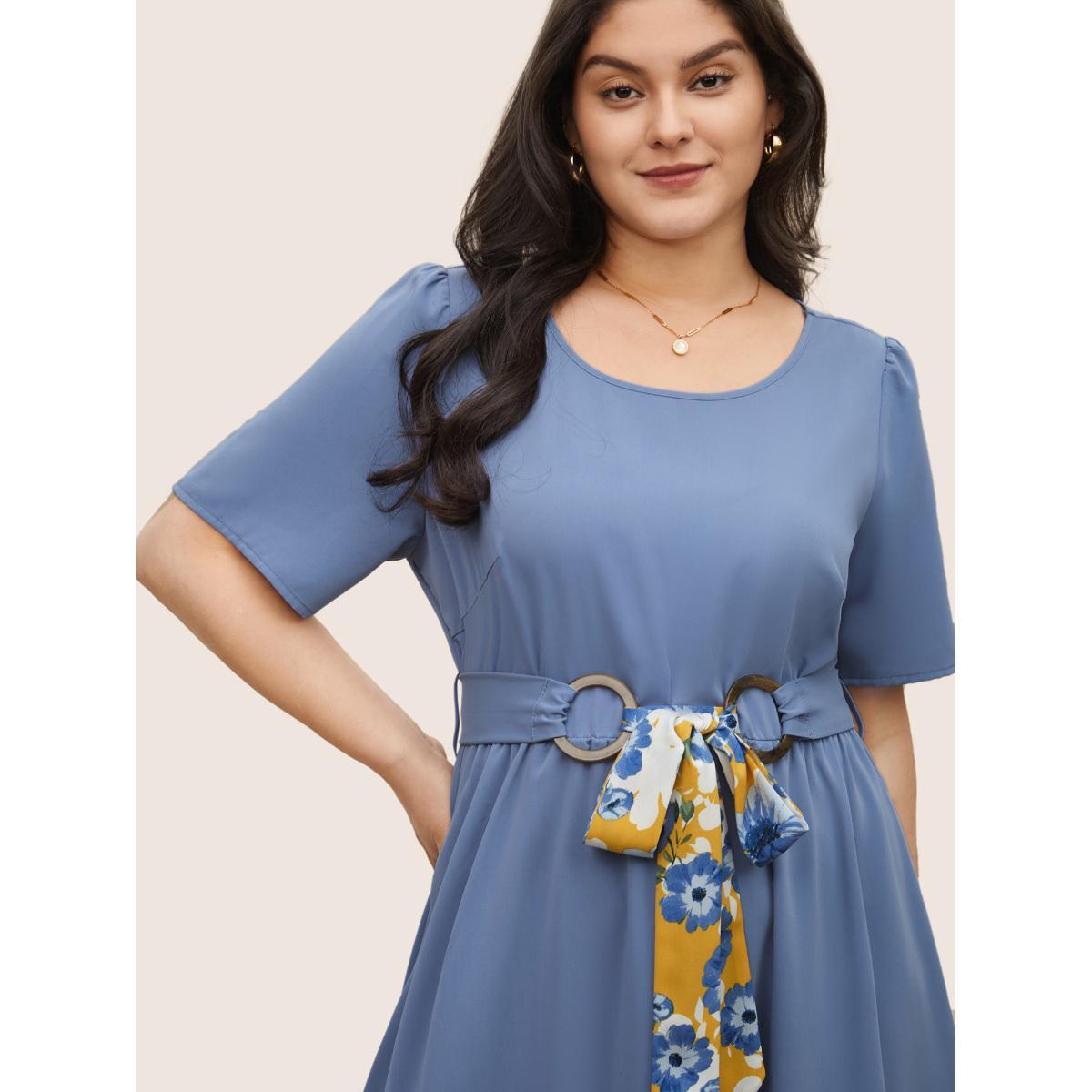 Plus Size Solid Frill Trim Buckle Detail Belted Dress Stone Women Elegant Non Round Neck Short sleeve Curvy Midi Dress BloomChic 18-20/2X Product Image