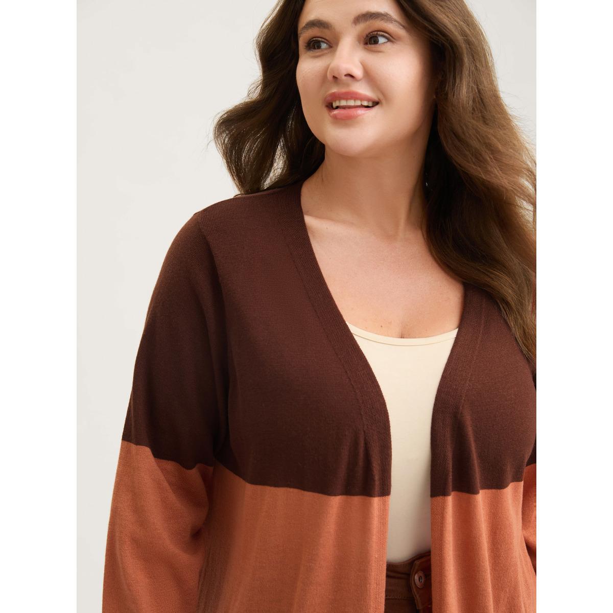 Plus Size Supersoft Color Block Front-Open Lightweight Cardigan Browncoffeecolor Women Loose Long Sleeve Everyday-Casual Cardigans BloomChic 18-20/2X Product Image