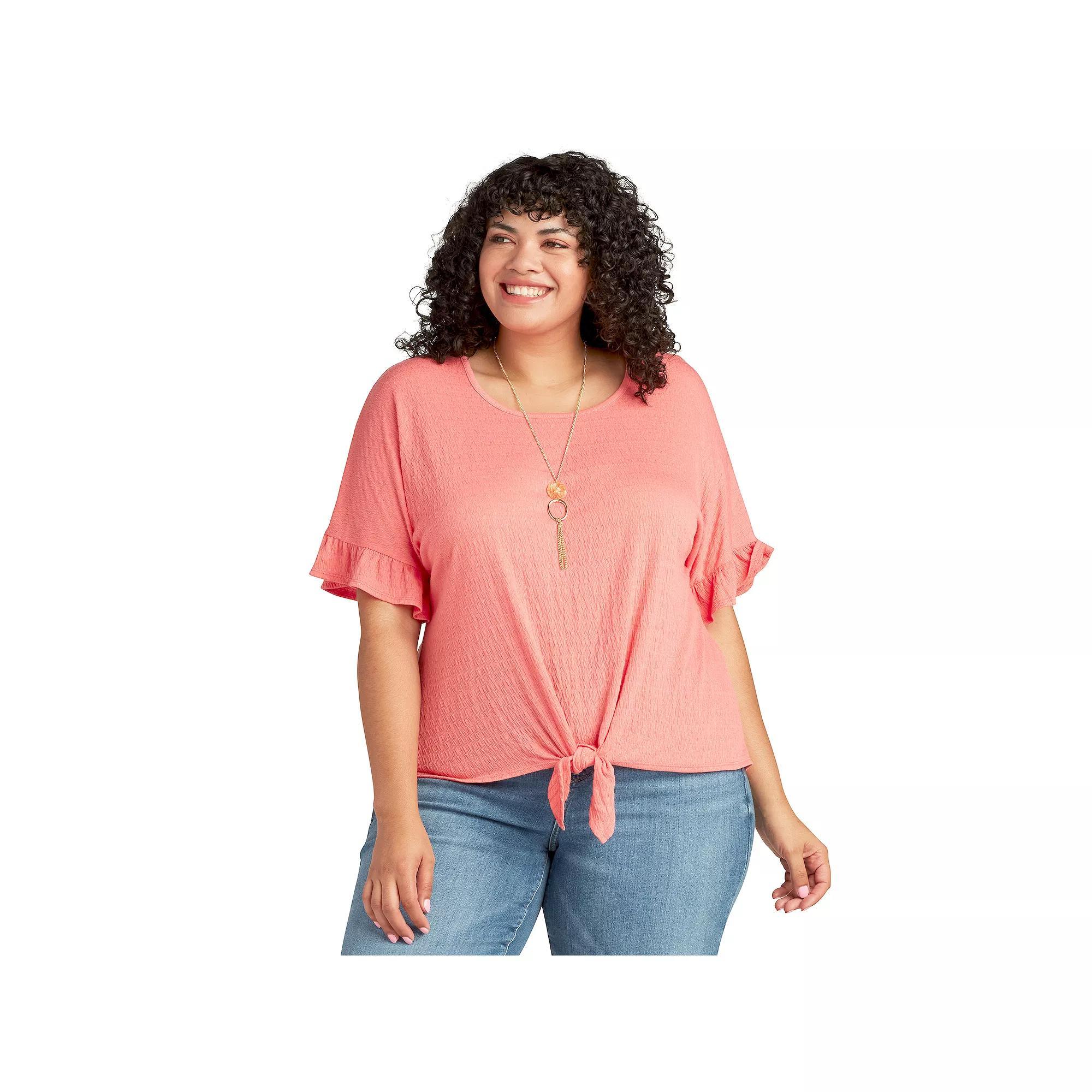 Plus Size AB Studio Tie Front Ruffle Sleeve Top With Necklace, Women's, Size: 2XL, Pink Product Image