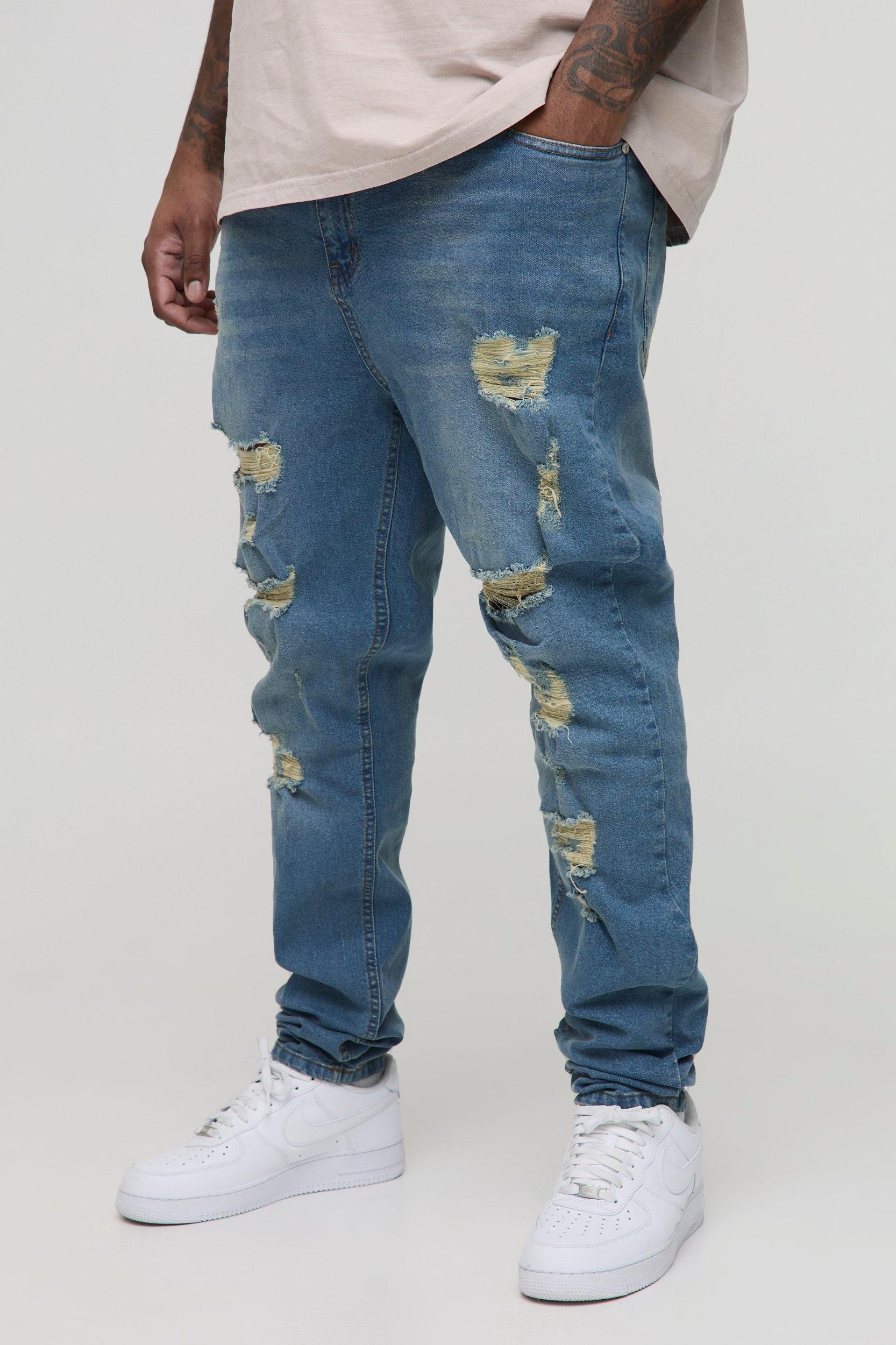 Plus Multi Rip Skinny Stacked Jeans | boohooMAN USA Product Image