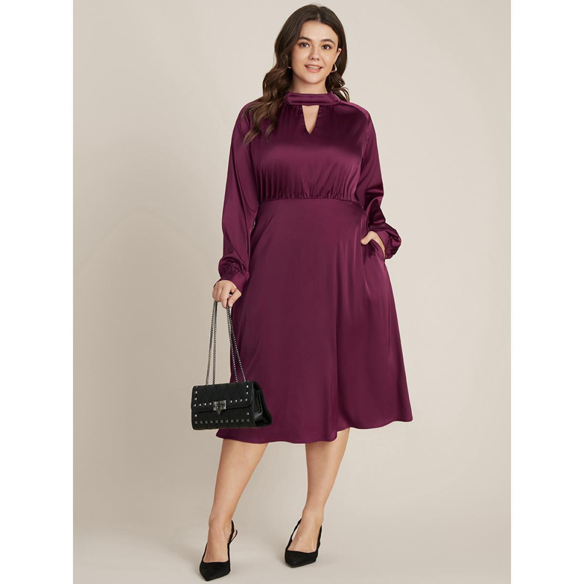 Plus Size Solid Pocket Keyhole Mock Neck Satin Midi Dress RedViolet Women Party Pocket Mock Neck Long Sleeve Curvy Midi Dress BloomChic 12/L Product Image
