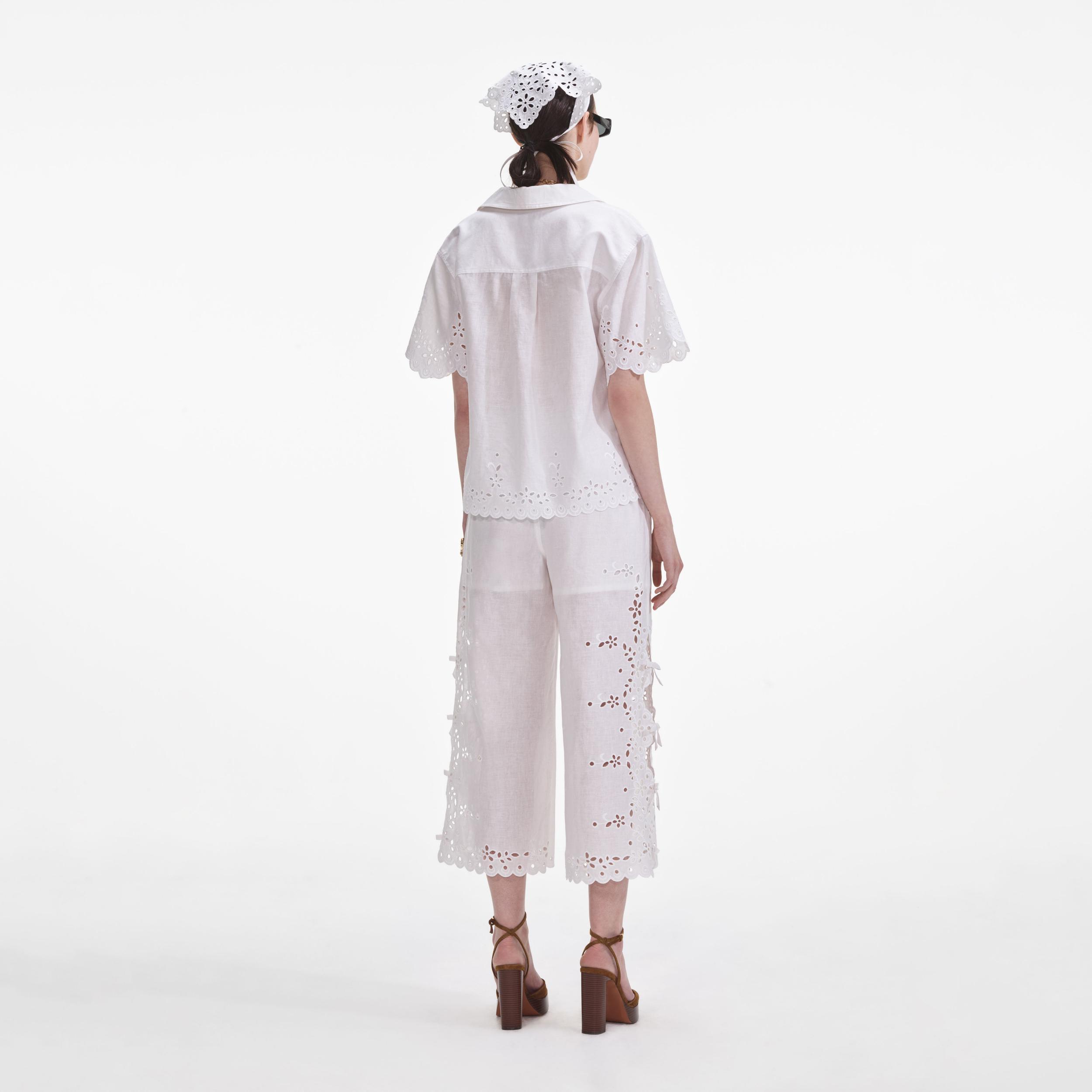 Cream Linen Embroidered Trousers Product Image
