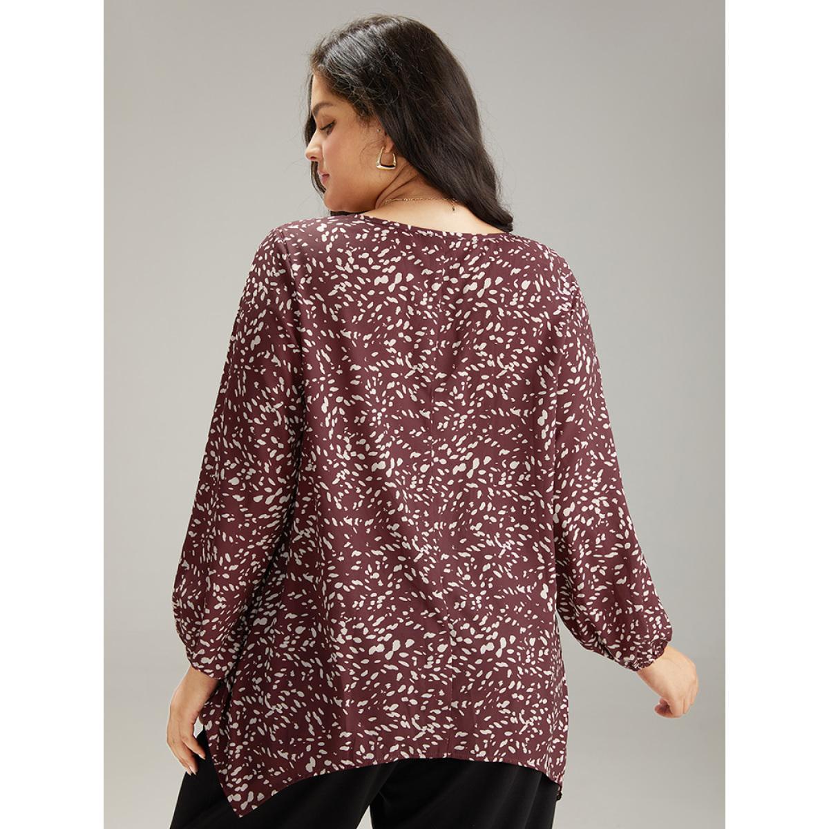 Plus Size Scarlet Water Drop Print Hanky Hem Blouse Women Office Long Sleeve Round Neck Work Blouses BloomChic 30/6X Product Image