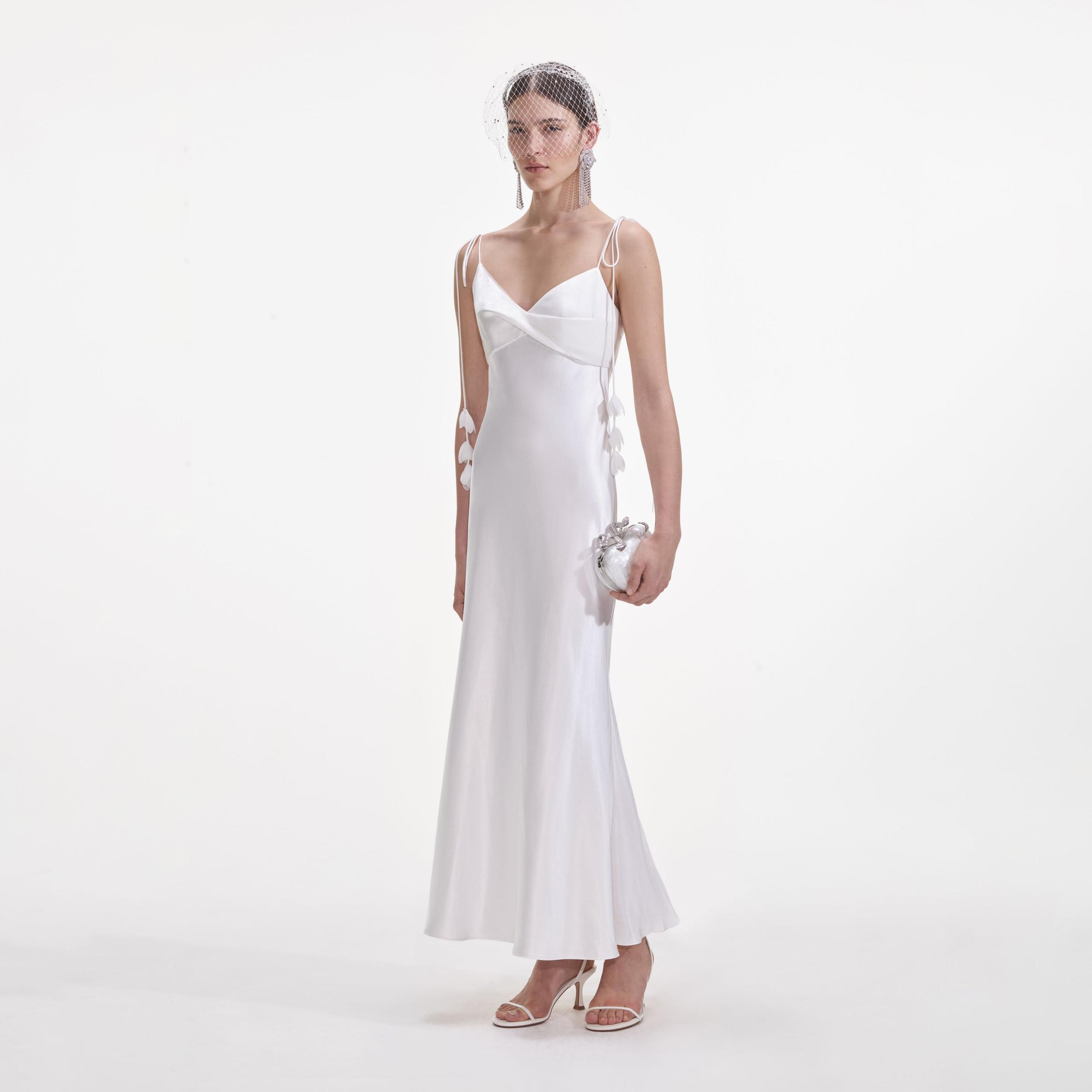 White Satin Flower Midi Dress Product Image