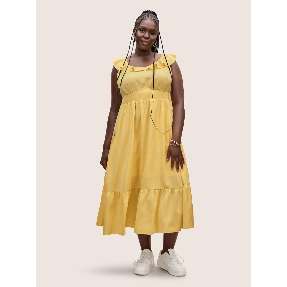 Plus Size Plain Shirred Ruffle Trim Sleeveless Dress Lightyellow Women Elegant U-neck Sleeveless Curvy BloomChic 18-20/2X Product Image
