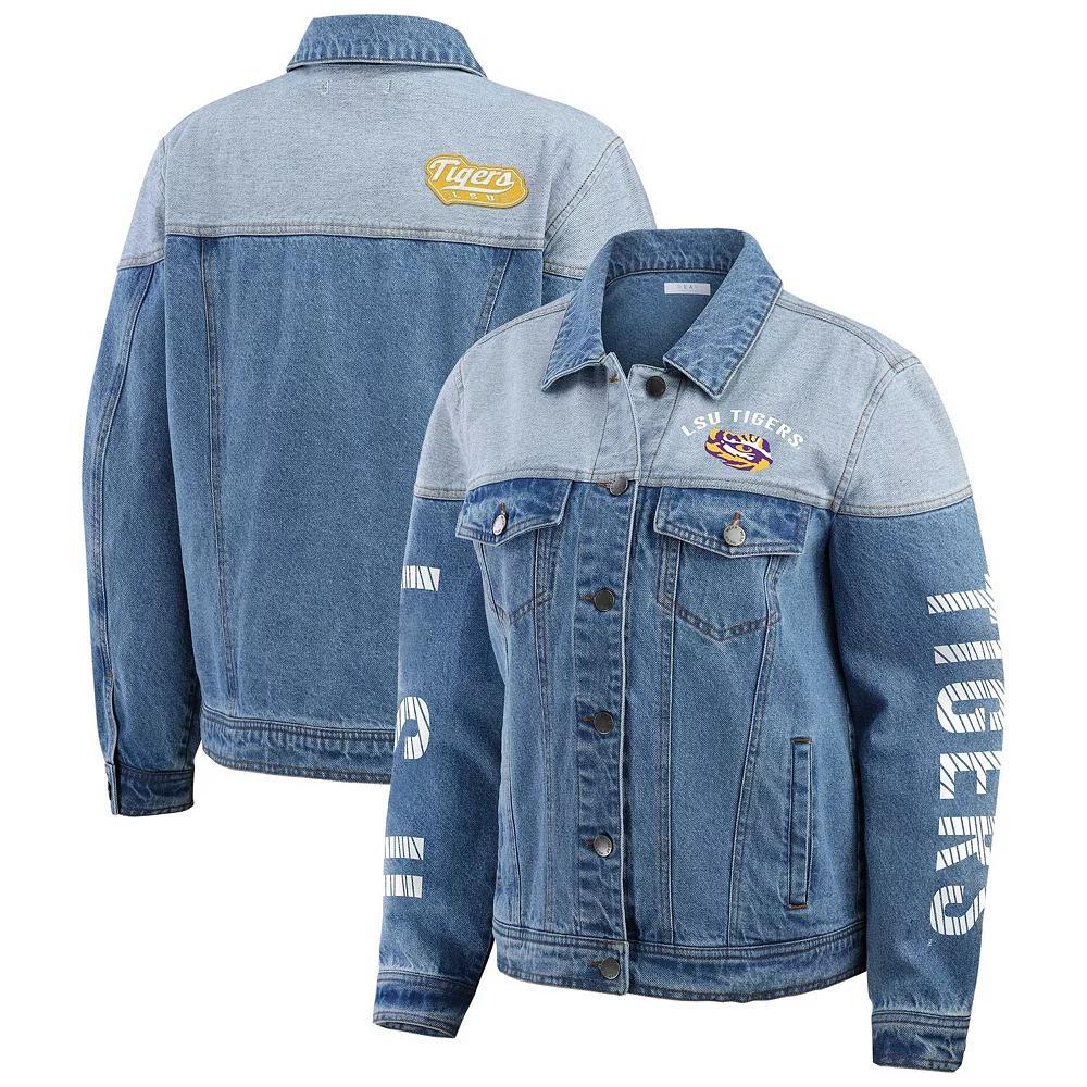 Womens WEAR by Erin Andrews Denim Nebraska Huskers Sleeve Hit Colorblock Button-Down Denim Jacket Turquoise A Product Image