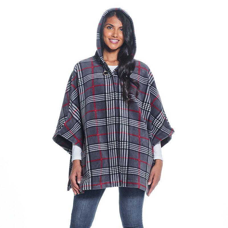 Women's Weathercast Hood Plaid Fleece Poncho, Grey Red Plaid Product Image