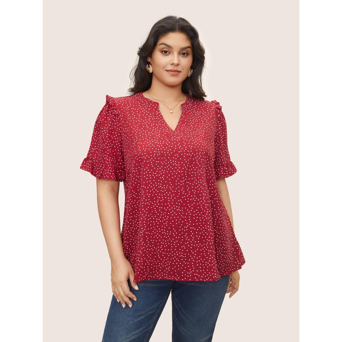 Polka Dot Ruffles Plus Size Women Blouses Elegance Casual Ruffles Ruffle Sleeve Short Sleeve V Neck Dailywear Blouses BloomChic Product Image