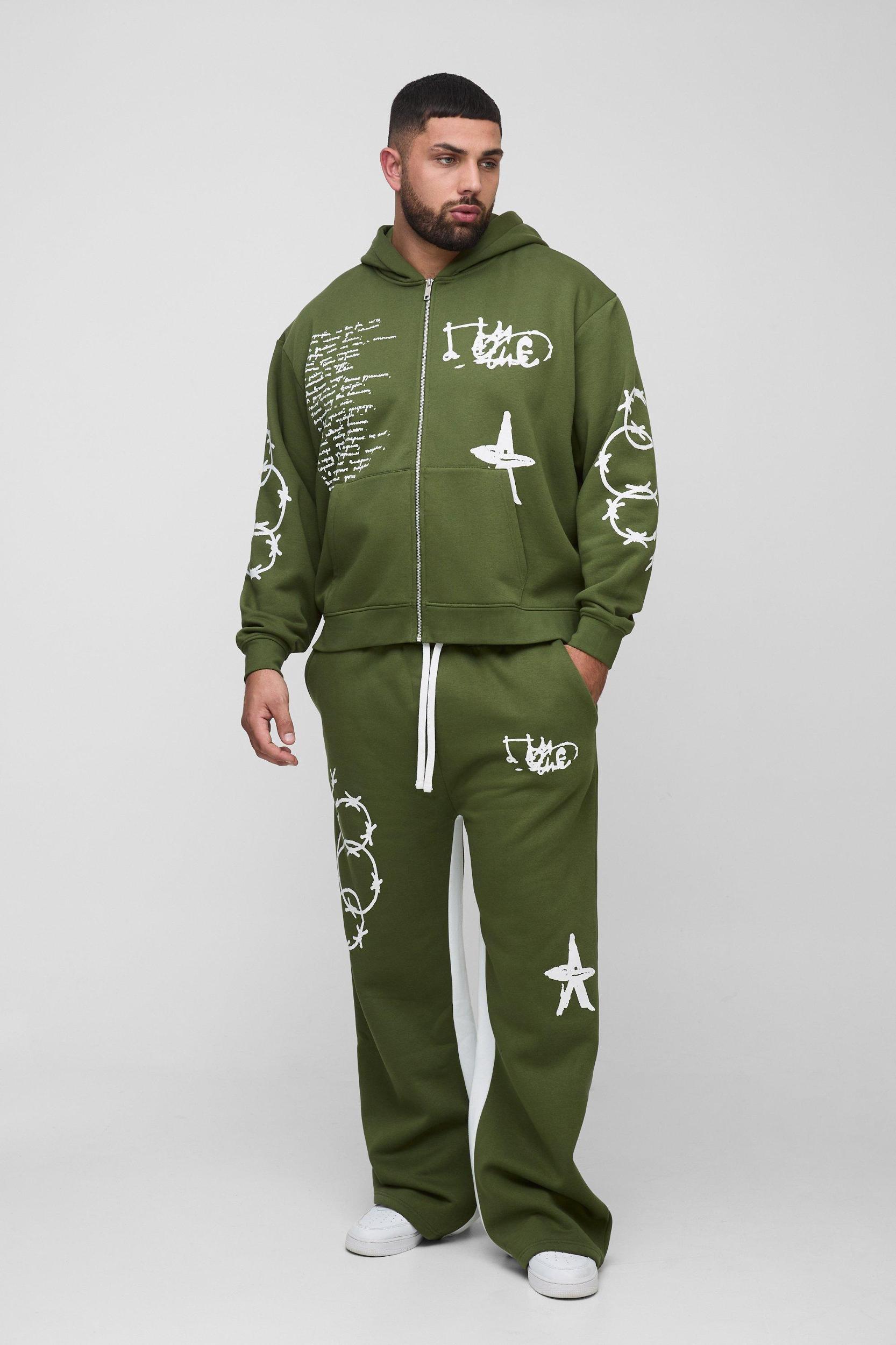 Mens Plus Oversized Multi Placement Graffiti Zip Through Gusset Hooded Tracksuit - Grey Product Image