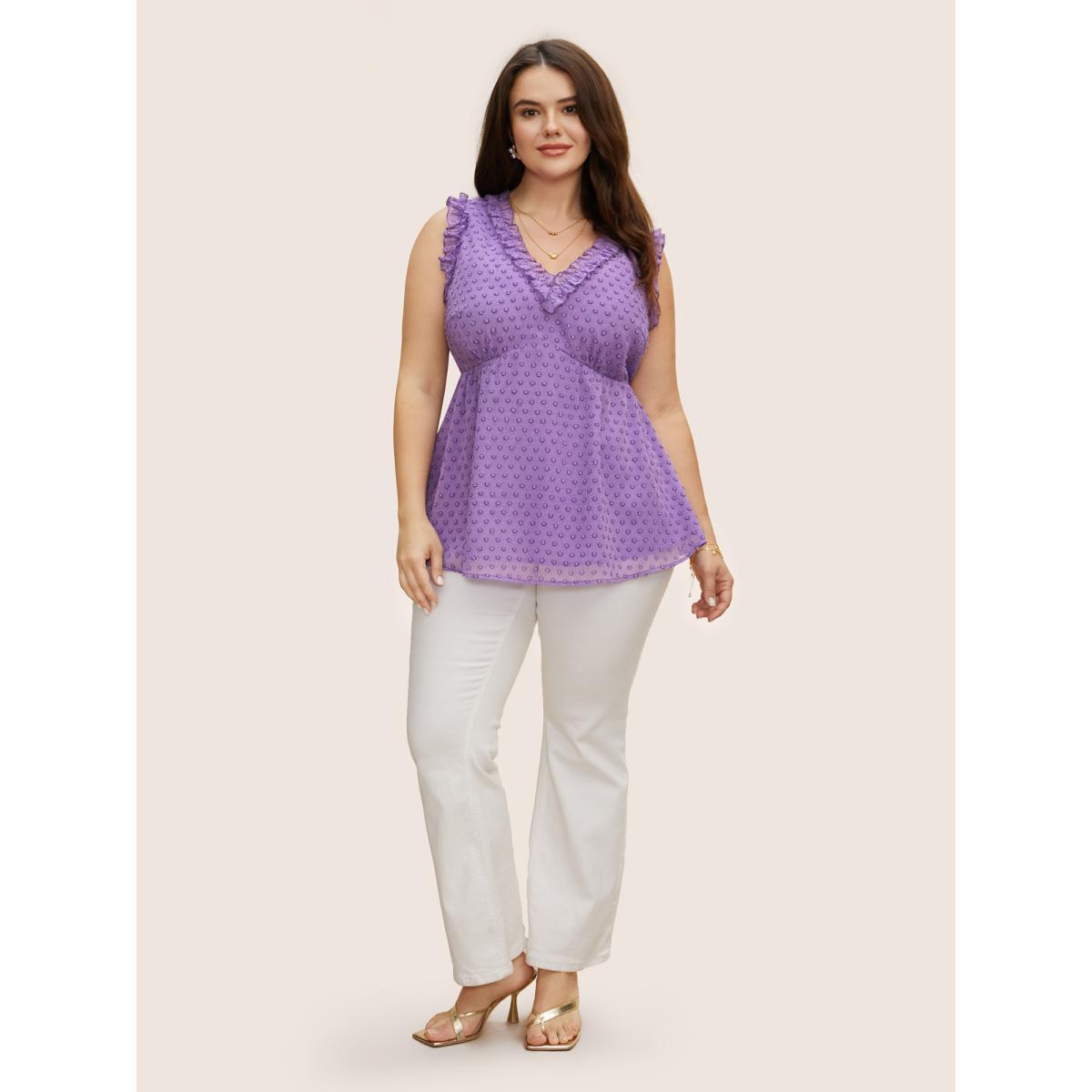 Plus Size V Neck Chiffon Textured Frill Trim Tank Top Women Mauve Elegant Texture V-neck Everyday Tank Tops Camis BloomChic 26/4X Product Image