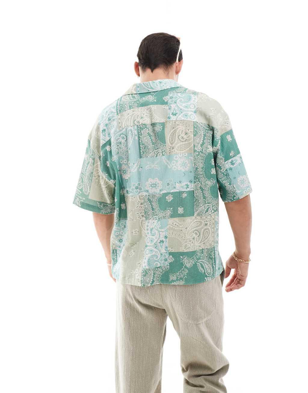 Pull&Bear patchwork patterned shirt in green Product Image