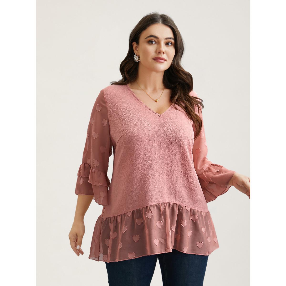 Plus Size Rouge Love Textured Patchwork Sheer Tiered Ruffles Blouse Women Elegant Elbow-length sleeve V-neck Everyday Blouses BloomChic 12/L Product Image