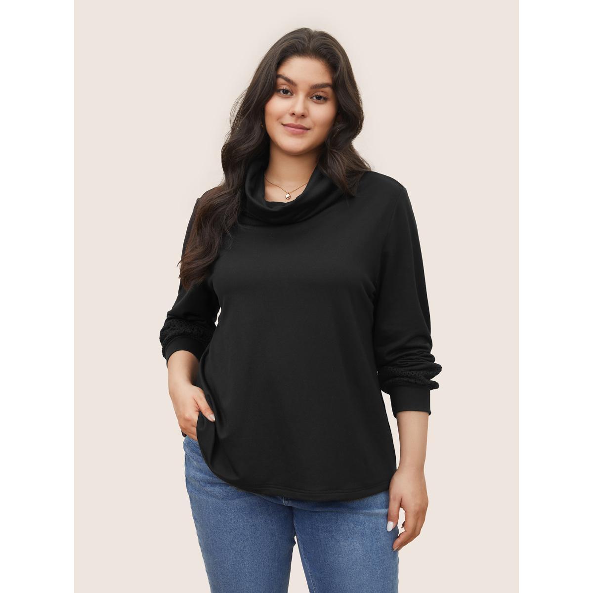 Plus Size Plain Turtle Neck Crochet Lace Sweatshirt Women Black Casual Non Turtleneck Everyday Sweatshirts BloomChic 28/5X Product Image
