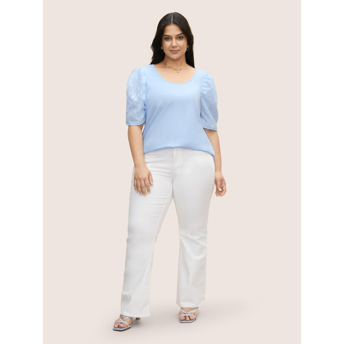 Plus Size U Neck Chiffon Patchwork Bishop Sleeve T-shirt LightBlue Women Elegant Gathered U-neck Everyday T-shirts BloomChic 26/4X Product Image