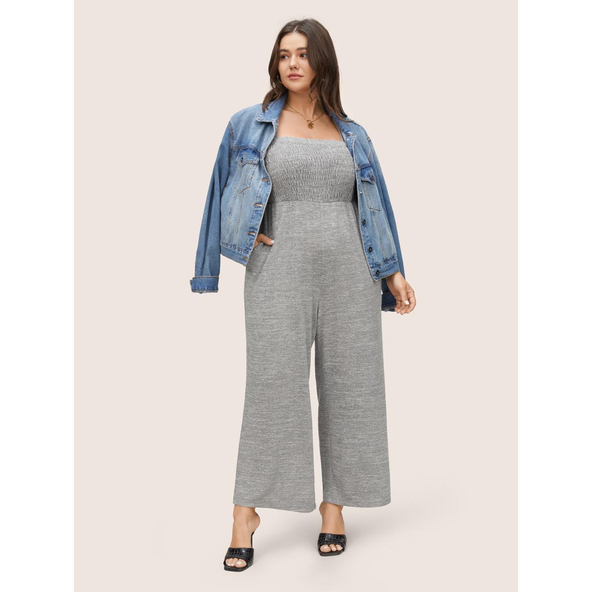 Plus Size DarkGray Plain Shirred Pocket Adjustable Straps Jumpsuit Women Casual Sleeveless Non Everyday Loose Jumpsuits BloomChic 14-16/1X Product Image