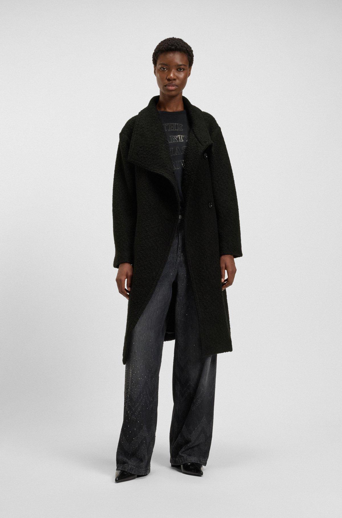 Bouclé coat with belt and stand collar Product Image