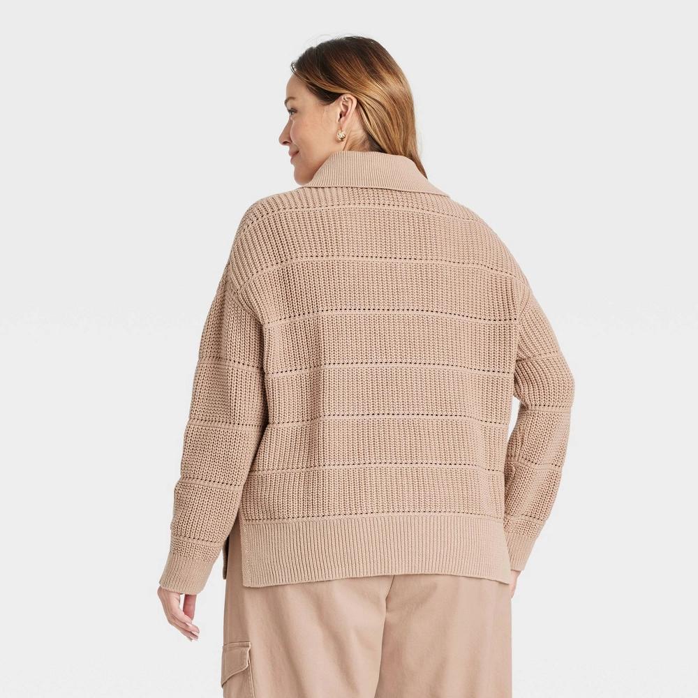 Women's Side Slit Collared Pullover Sweater - Ava & Viv™ Brown 2X: Midweight Ribbed Cuff Product Image
