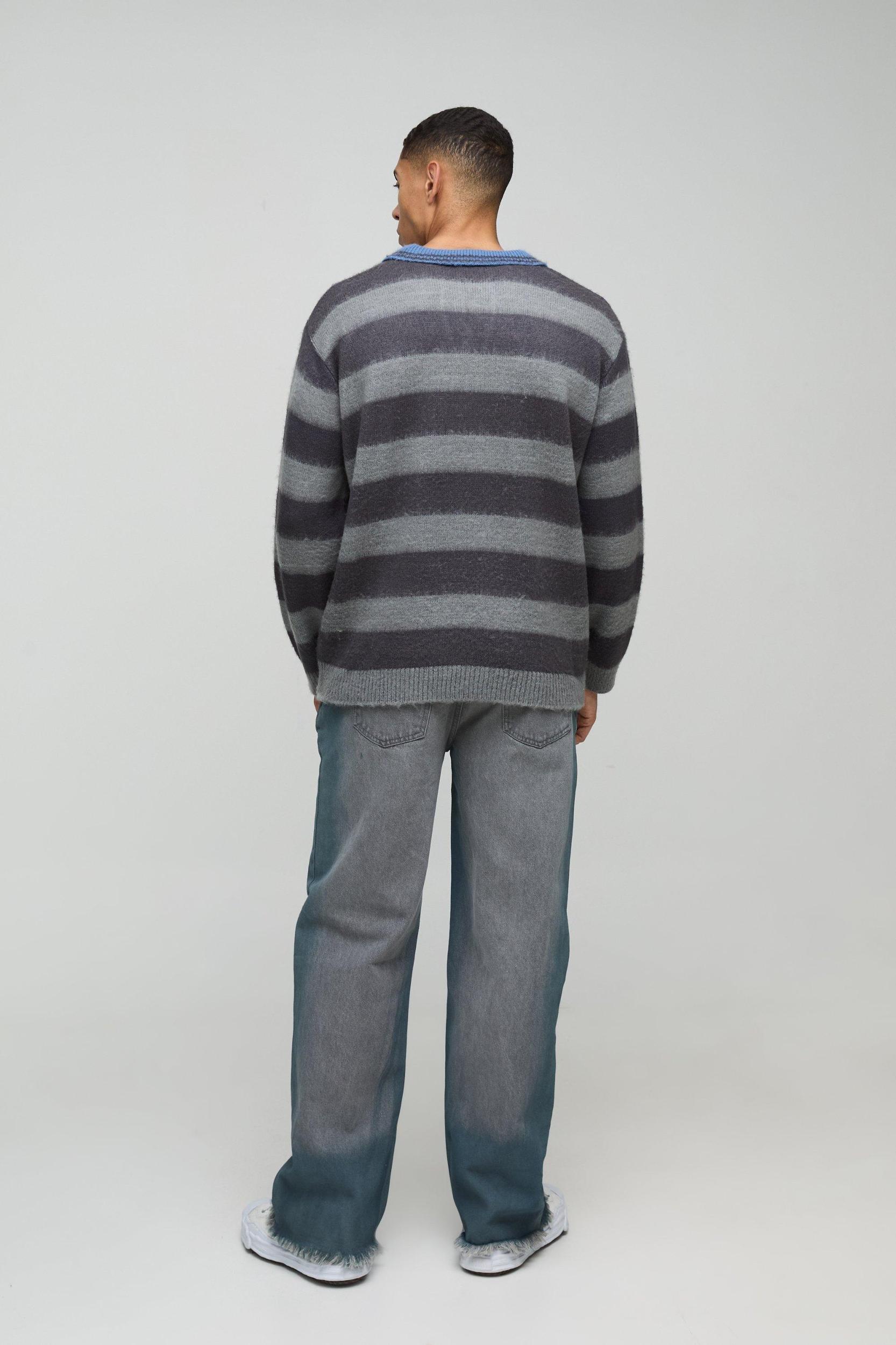 Oversized Brushed Striped V Neck Knit Polo | boohooMAN USA Product Image