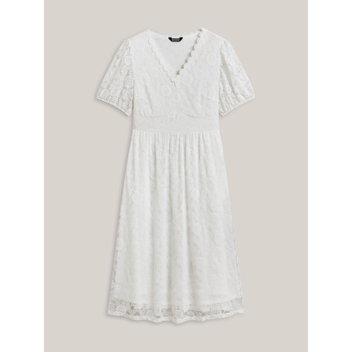 Plus Size Woven Textured Feel Cinched-Waist Midi Dress Originalwhite Women V-neck Short sleeve Curvy BloomChic 22-24/3X Product Image