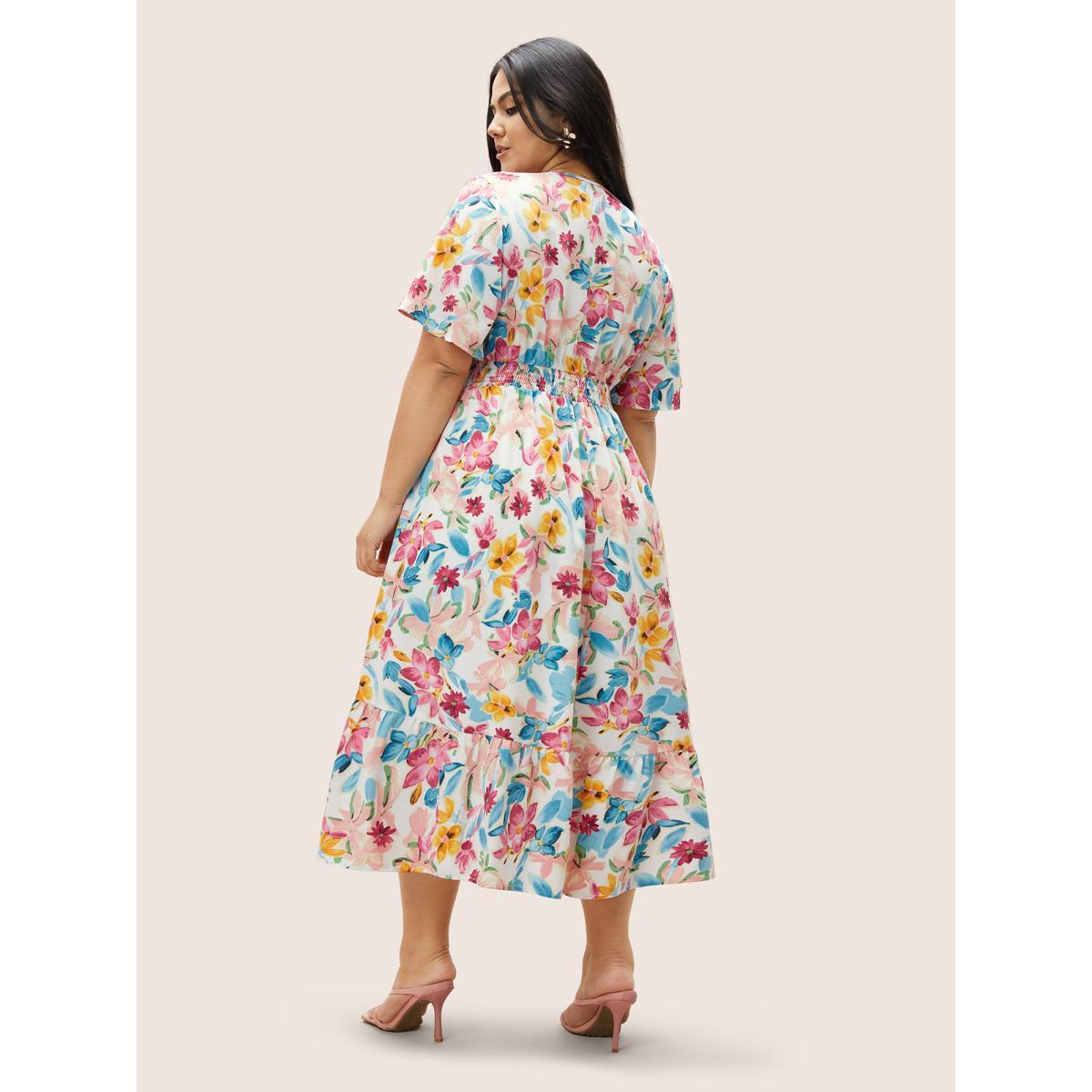 Plus Size Floral Overlap Collar Shirred Ruffle Sleeve Dress White Women Elegant Overlapping Overlap Collar Short sleeve Curvy BloomChic 22-24/3X Product Image