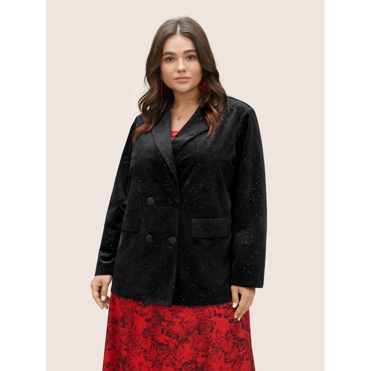 Plus Size Galaxy Glitter Pocket Suit Collar Blazer Black Women Party Plain Non Sleeve Long Sleeve Suit Collar 22-24/3X Open pocket with flap Cocktail Blazers BloomChic Product Image