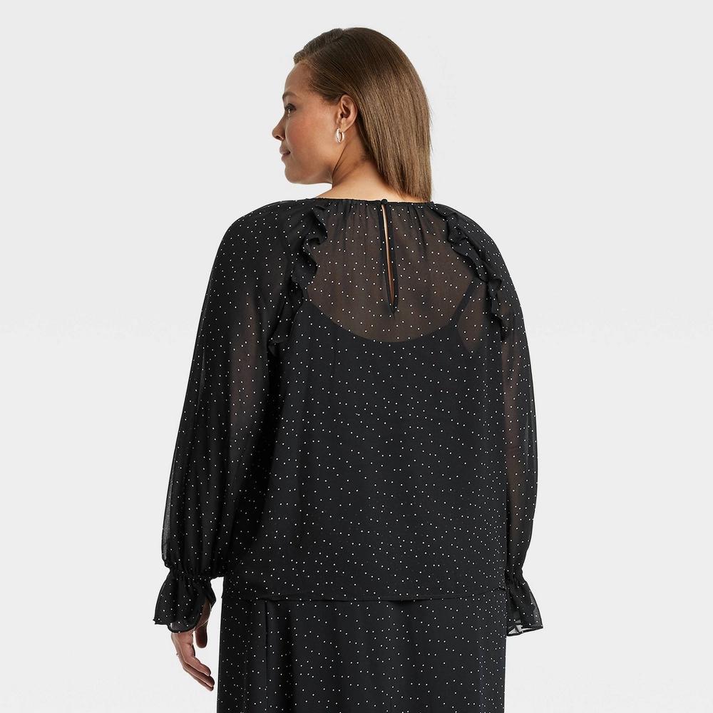 Women's Long Sleeve Ruffle Blouse - A New Day™ Black Polka Dots 3X: Chiffon Balloon Sleeve, Crew Neck Product Image