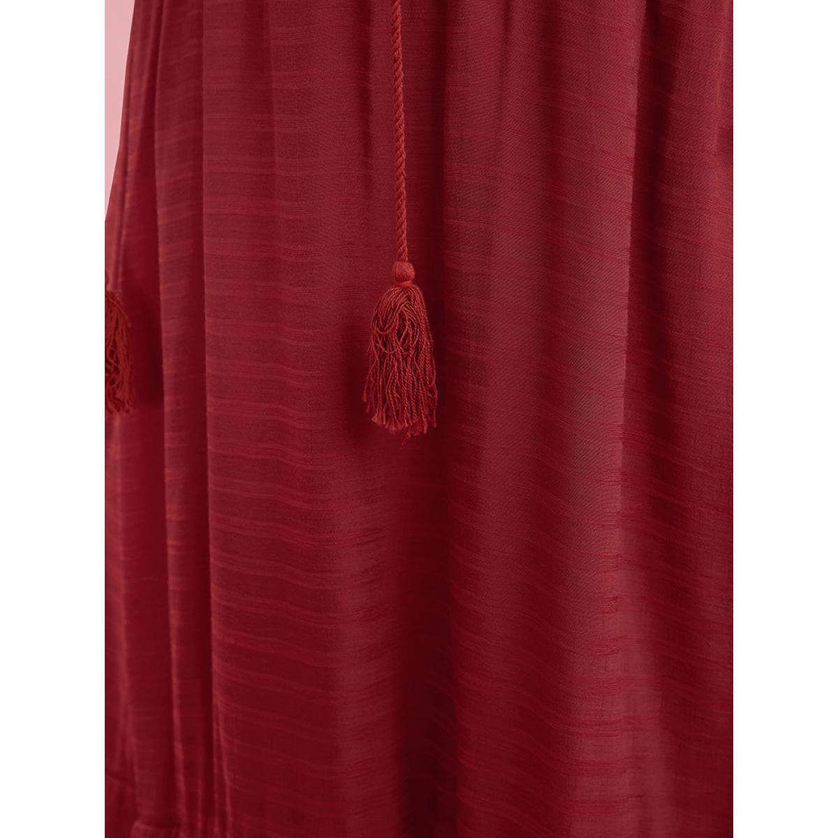 Plus Size Solid Lace Button Up Tie Neck Lantern Sleeve Pocket Flutter Dress Burgundy Women Elegant Patchwork Round Neck Long Sleeve Curvy Midi Dress BloomChic 28/5X Product Image