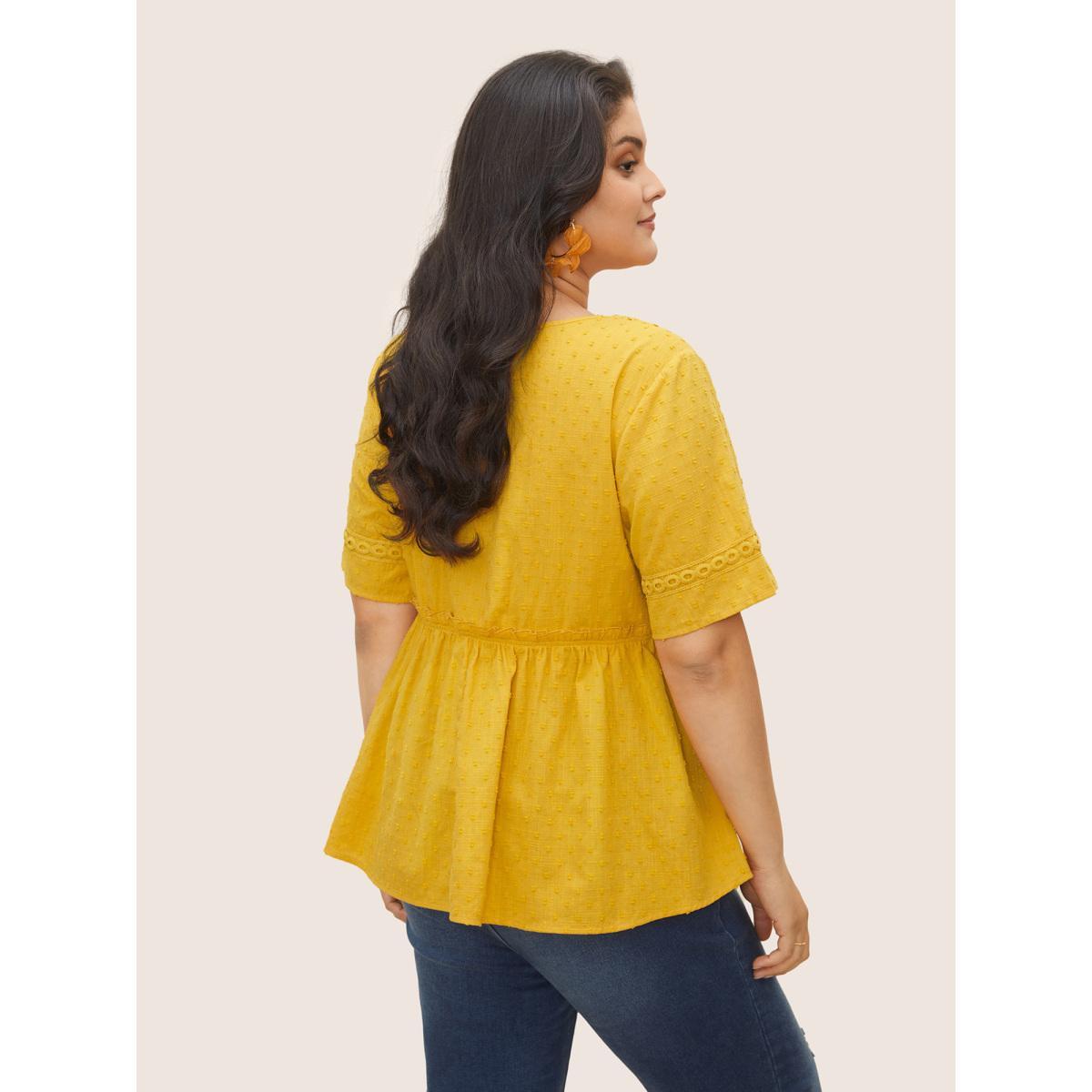 Plus Size Yellow Solid Woven Ribbon Frill Trim Gathered Blouse Women Resort Short sleeve V-neck Vacation Blouses BloomChic 26/4X Product Image