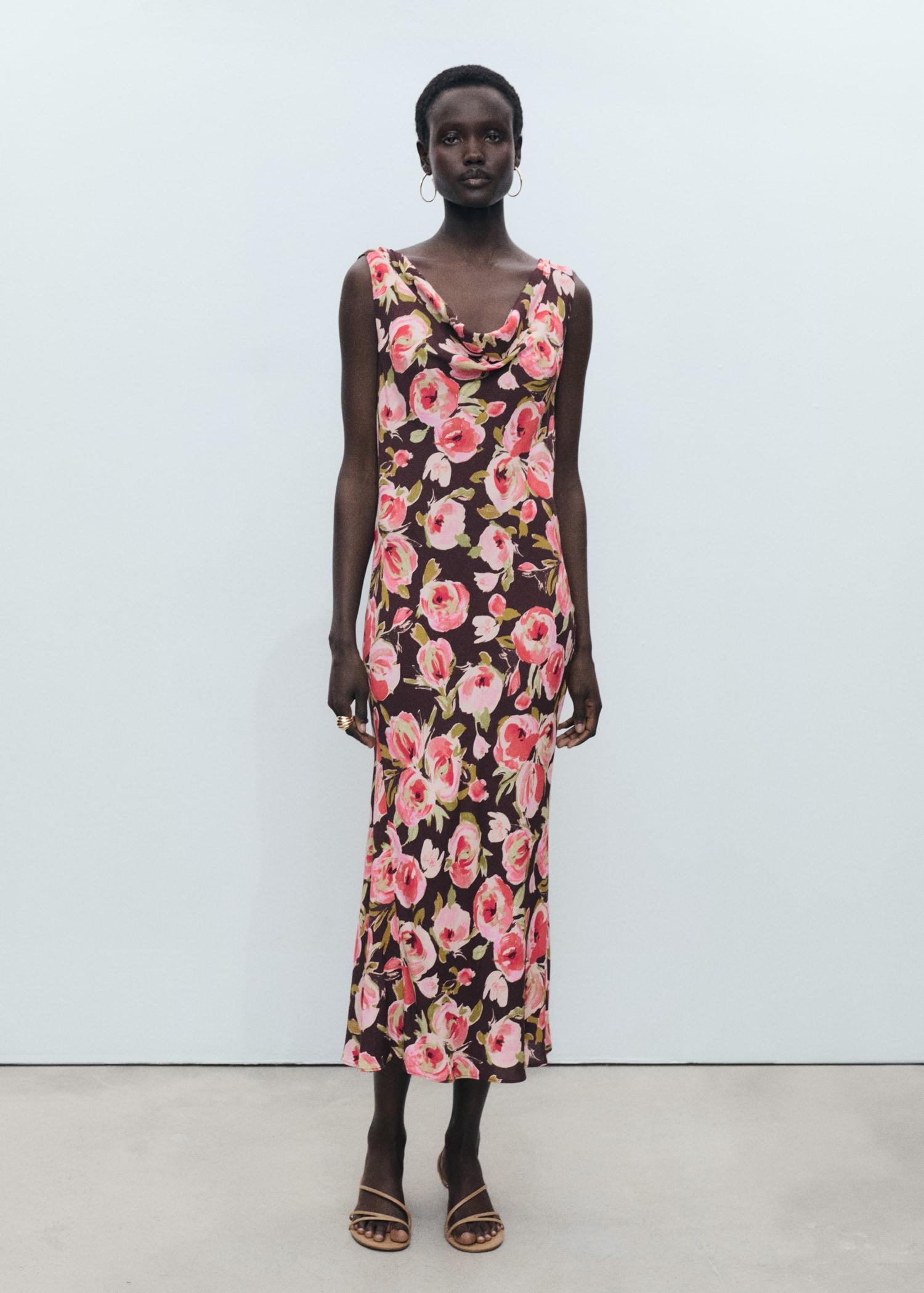 Floral dress with draped neck - Women | MANGO USA Product Image