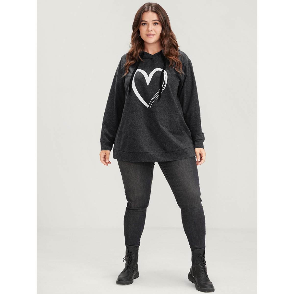 Plus Size Heart Print Drop Shoulder Pocket Drawstring Hooded Sweatshirt Women DarkGray Casual Plain Hooded Dailywear Sweatshirts BloomChic 28/5X Product Image