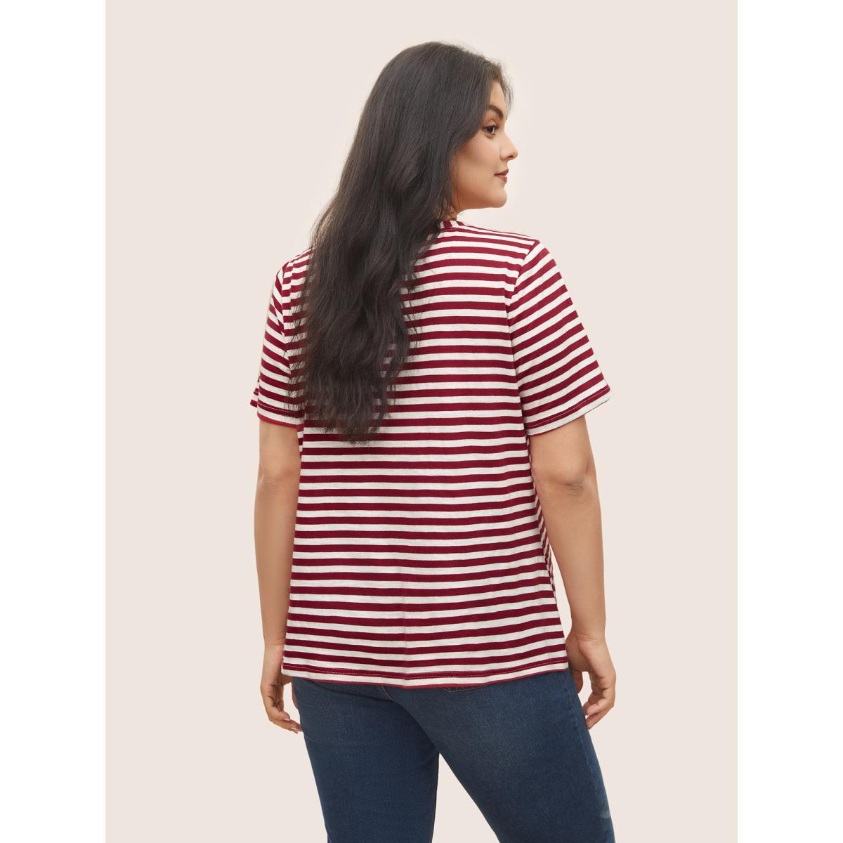 Plus Size Cotton Contrast Striped V Neck T-shirt Scarlet Women Casual Contrast Striped V-neck Everyday T-shirts BloomChic 26/4X Product Image