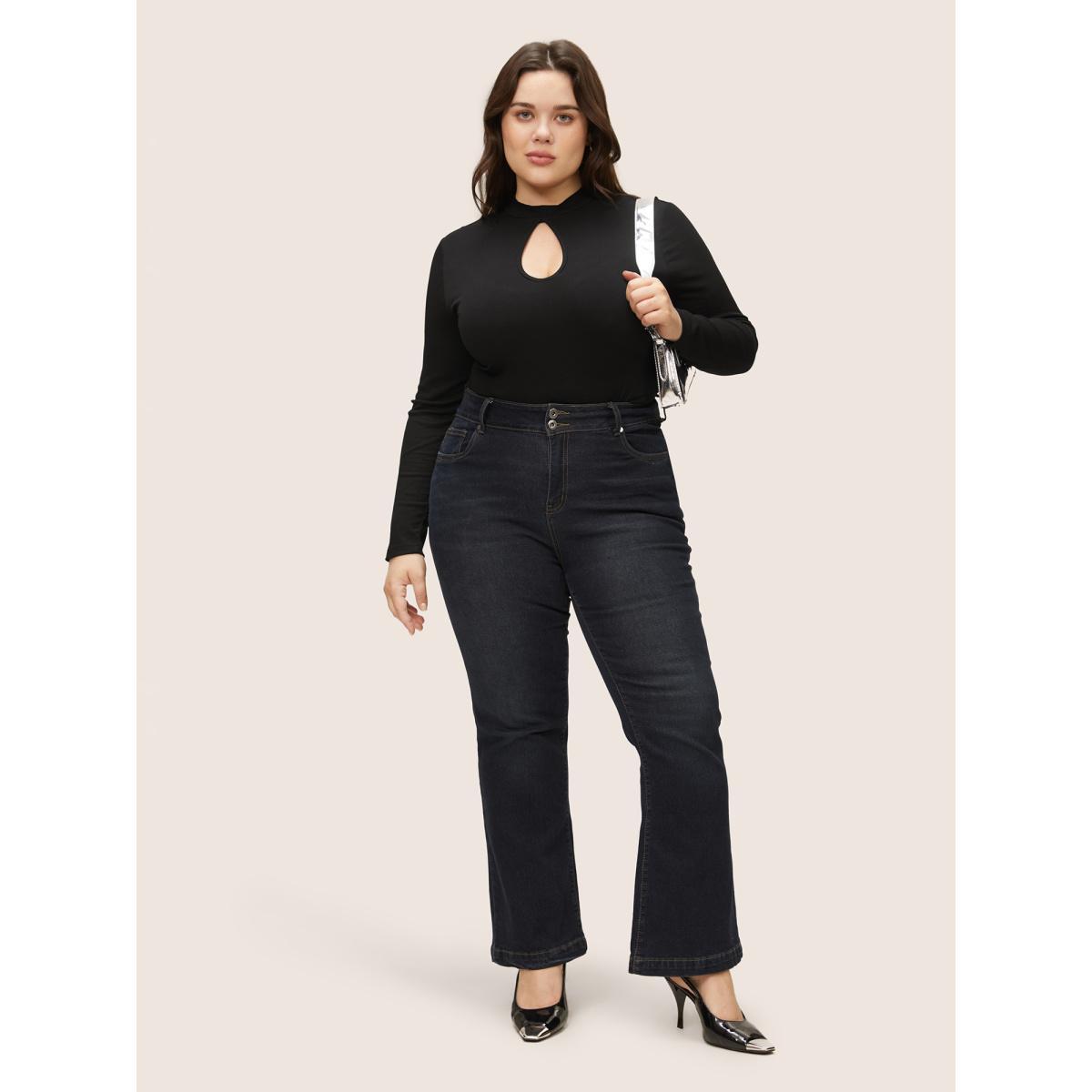 Plus Size Supersoft Essentials Cut Out Rib Knit Skinny T-shirt Black Women Office Plain Plain Keyhole Cut-Out Skinny Dailywear T-shirts BloomChic 12/L Product Image