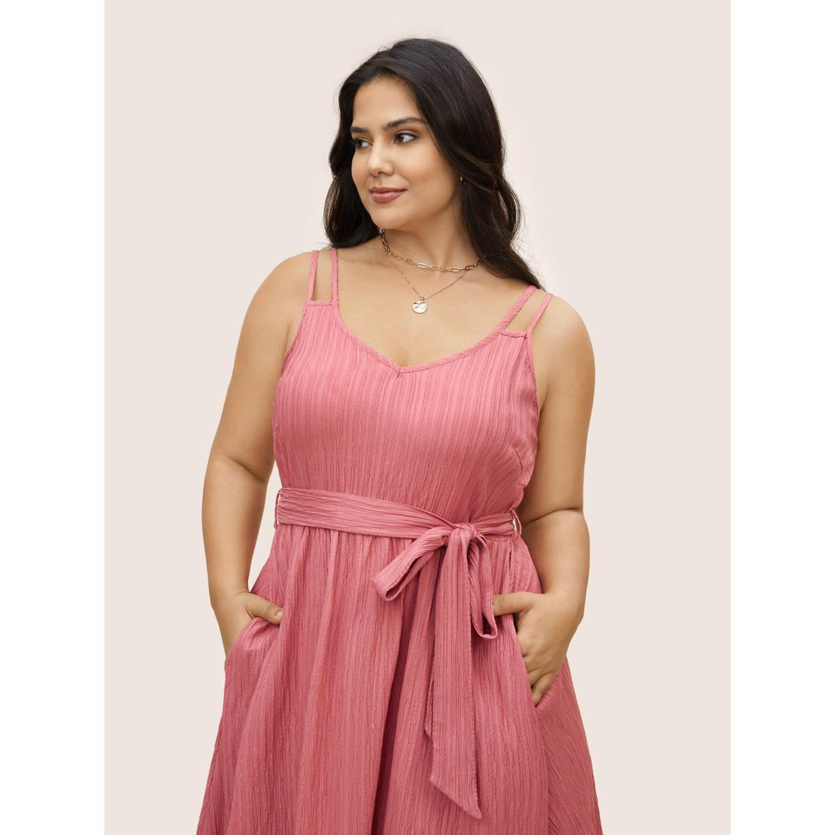 Plus Size Plain Texture Woven Ribbon Belted Dress Watermelon Women Elegant Woven ribbon&lace trim V-neck Sleeveless Curvy BloomChic 22-24/3X Product Image