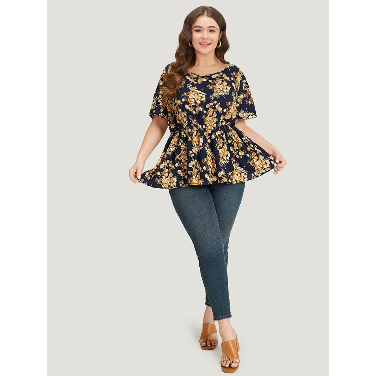 Plus Size Indigo Floral Print Flutter Sleeve Elastic Waist Blouse Women Elegant Short sleeve Round Neck Dailywear Blouses BloomChic 26/4X Product Image