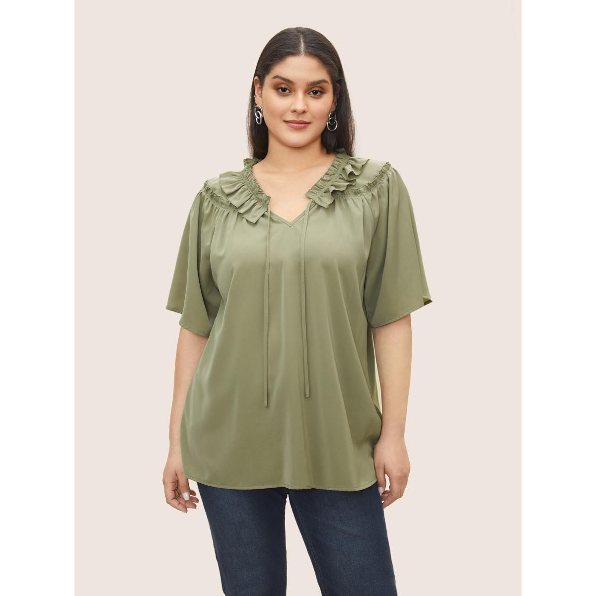 Plus Size Sage Plain Frill Trim Gathered Ruffle Sleeve Blouse Women At the Office Short sleeve V-neck Work Blouses BloomChic 22-24/3X Product Image