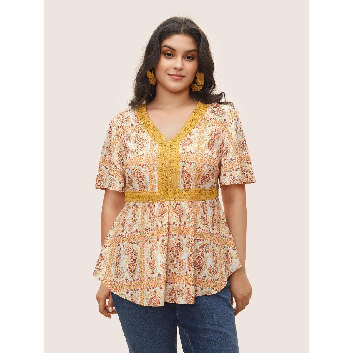 Plus Size Orange Boho Print Lace Trim Gathered Blouse Women Resort Short sleeve V-neck Vacation Blouses BloomChic 22-24/3X Product Image