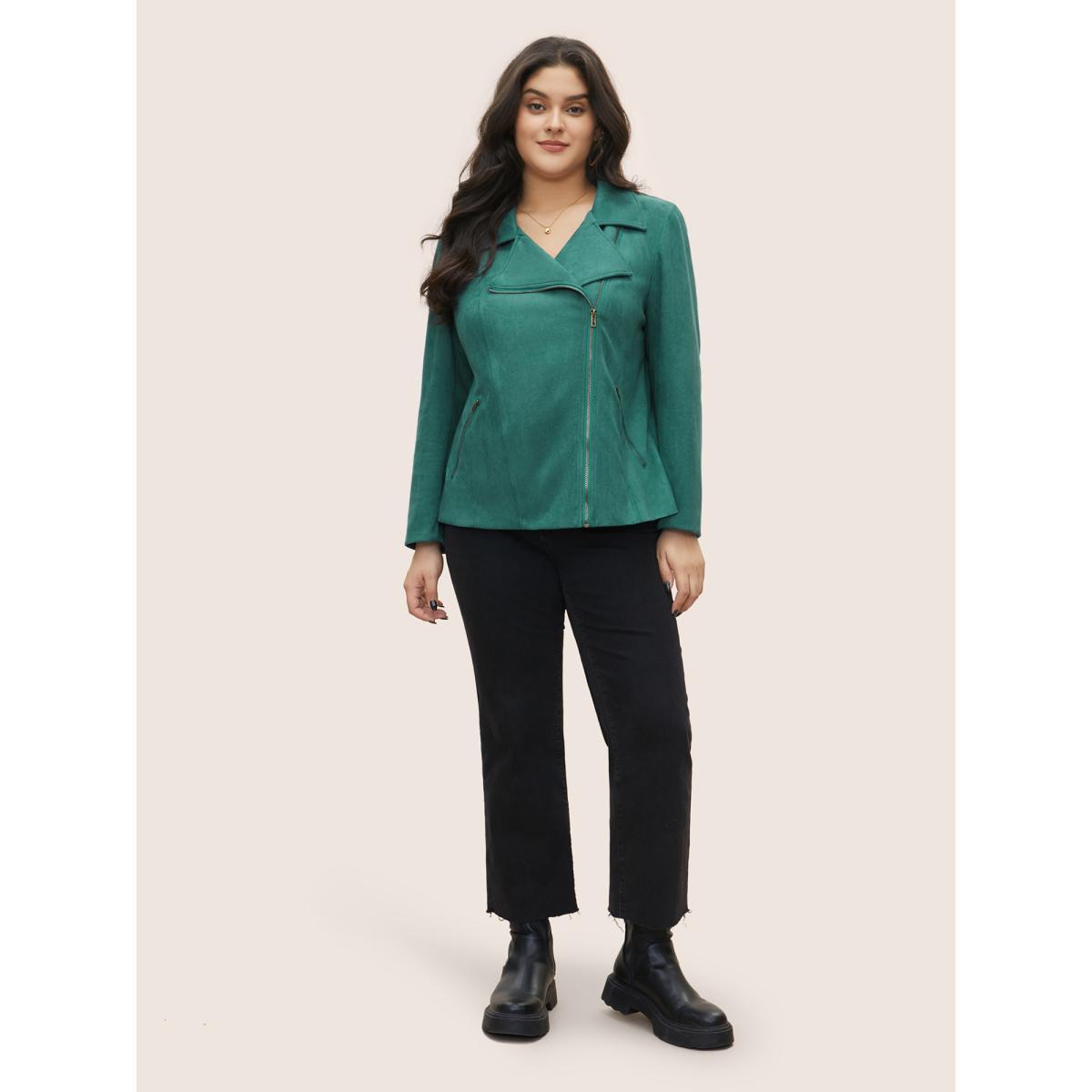 Plus Size Solid Faux Suede Zipper Lapel Collar Jacket Women Emerald Non Zippered pocket Everyday Jackets BloomChic 14-16/1X Product Image