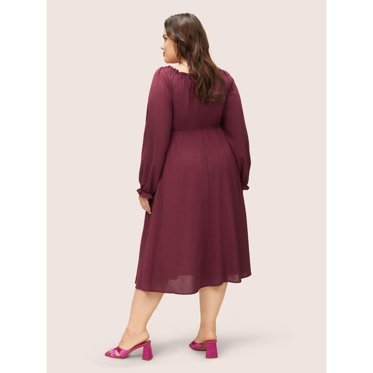 Plus Size Square Neck Shirred Pleated Frill Trim Dress RedViolet Women Elegant Non Square Neck Long Sleeve Curvy Midi Dress BloomChic 18-20/2X Product Image