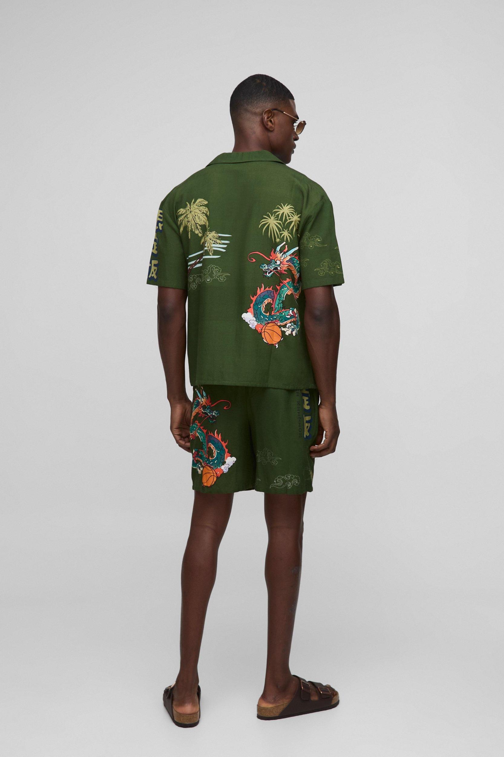 Oversized Dragon Print Linen Look Shirt & Short Set | boohooMAN USA Product Image