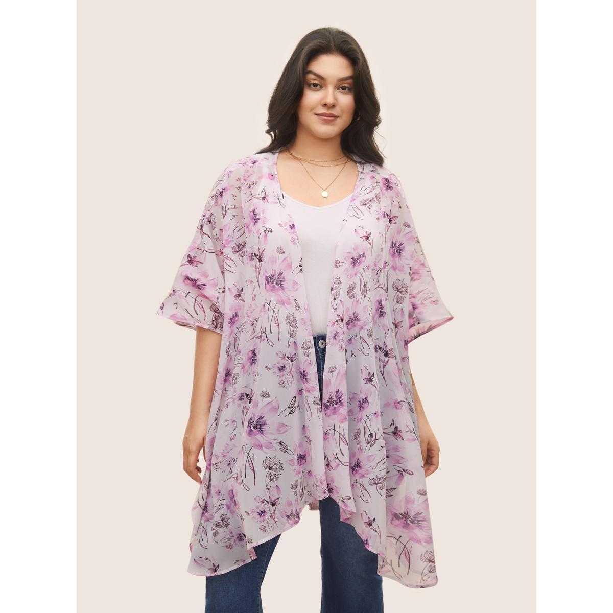 Plus Size Floral Mesh Split Side Asymmetrical Hem Kimono Women Lavender Elegant See through Everyday Kimonos BloomChic 26/4X Product Image