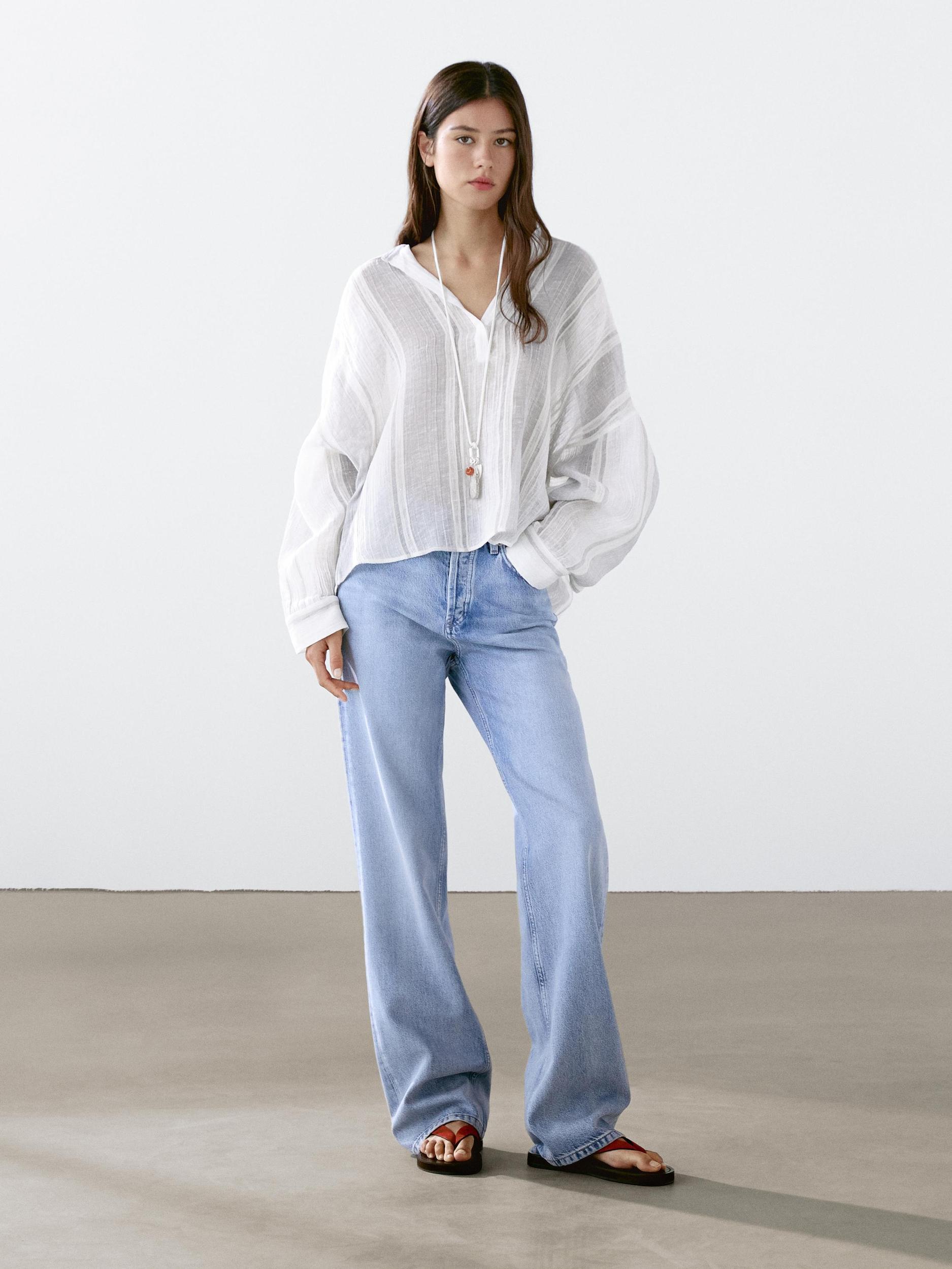 Flowing striped linen blend blouse Product Image