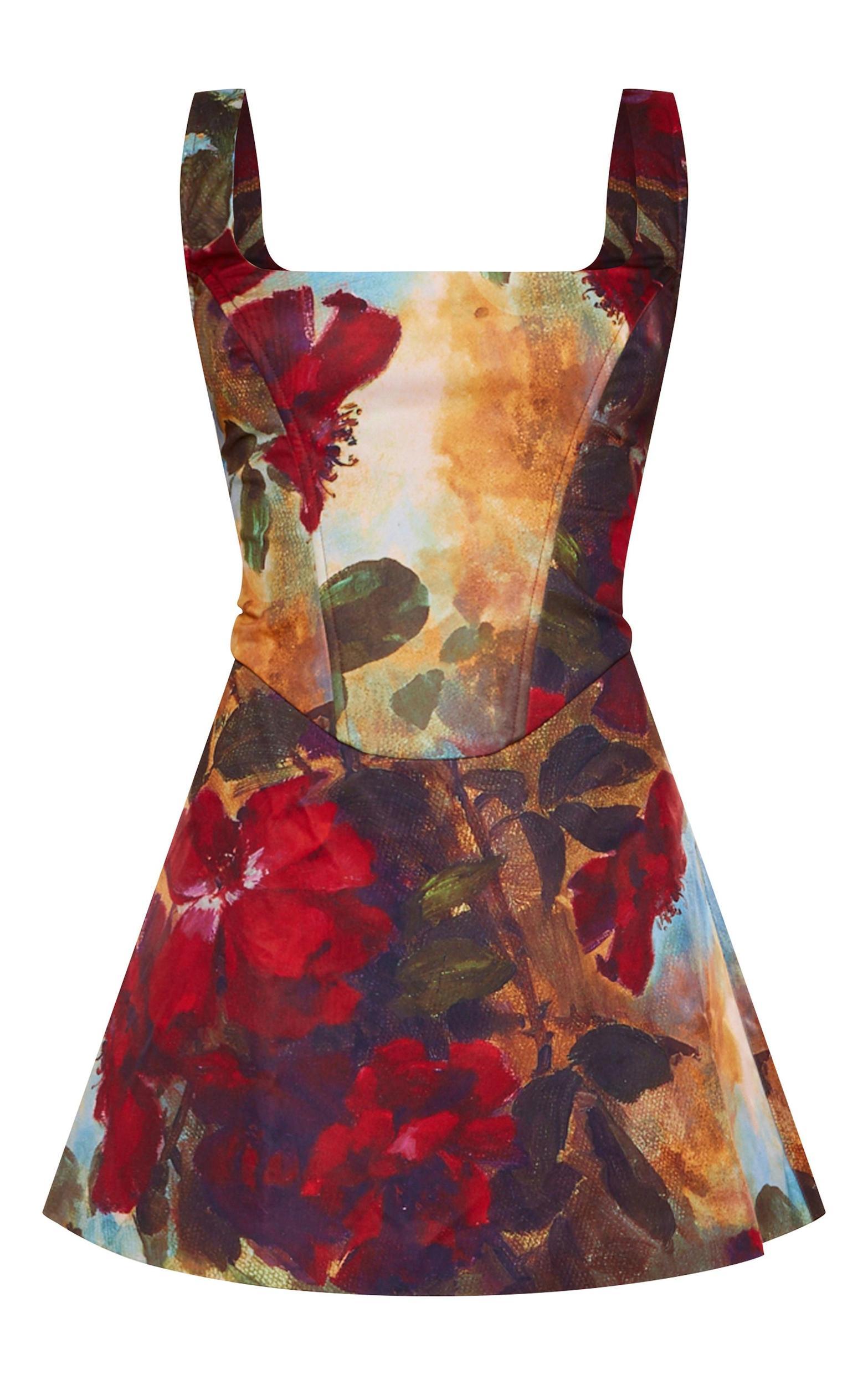 Dark Red Floral Corset A Line Shift Dress Product Image