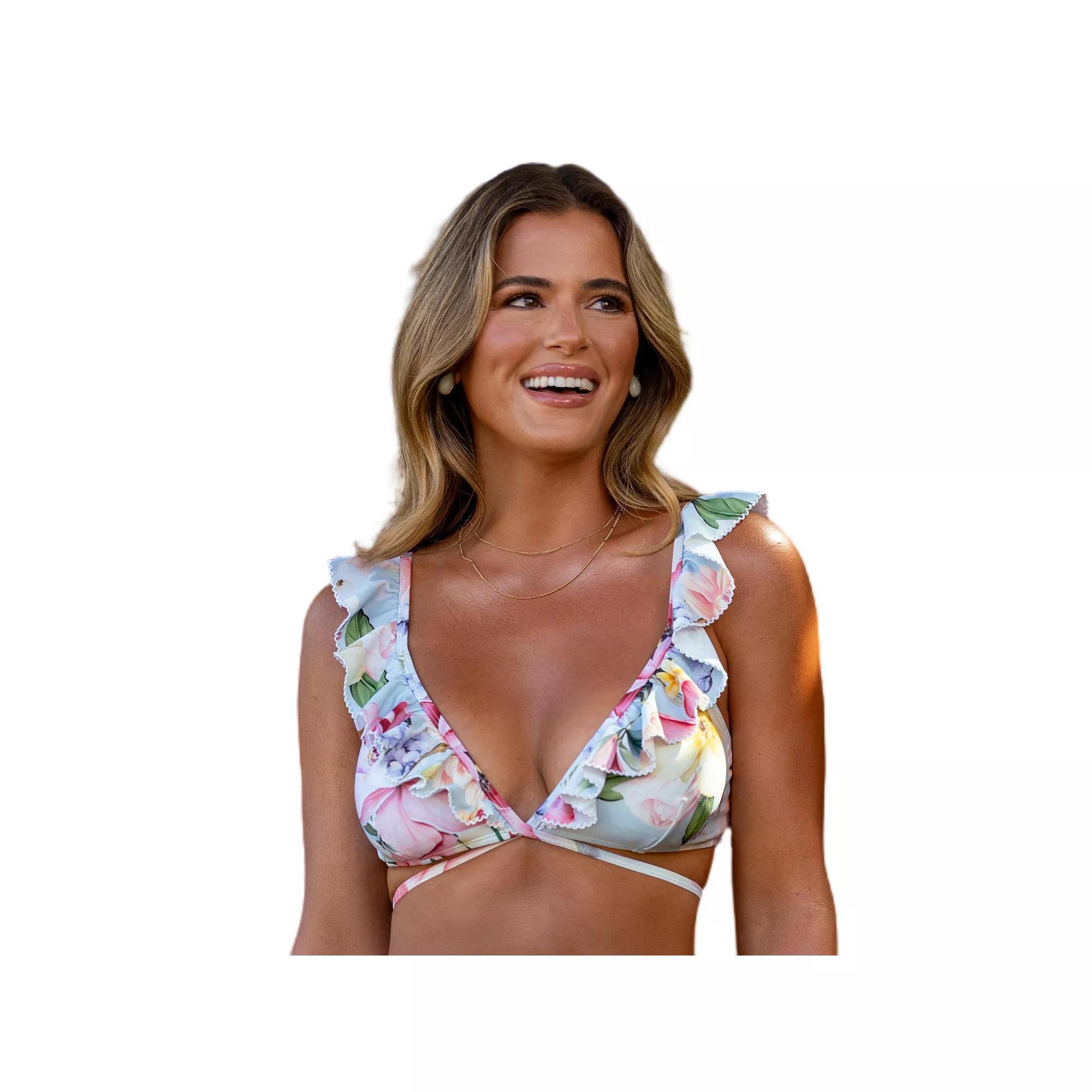 Women's Cupshe Ruffle Front Wrap Bikini Swim Top, Size: Medium, Light Blue Bloom Product Image