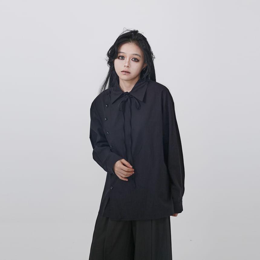 Long-Sleeve Plain Bow Asymmetrical Button Shirt Product Image