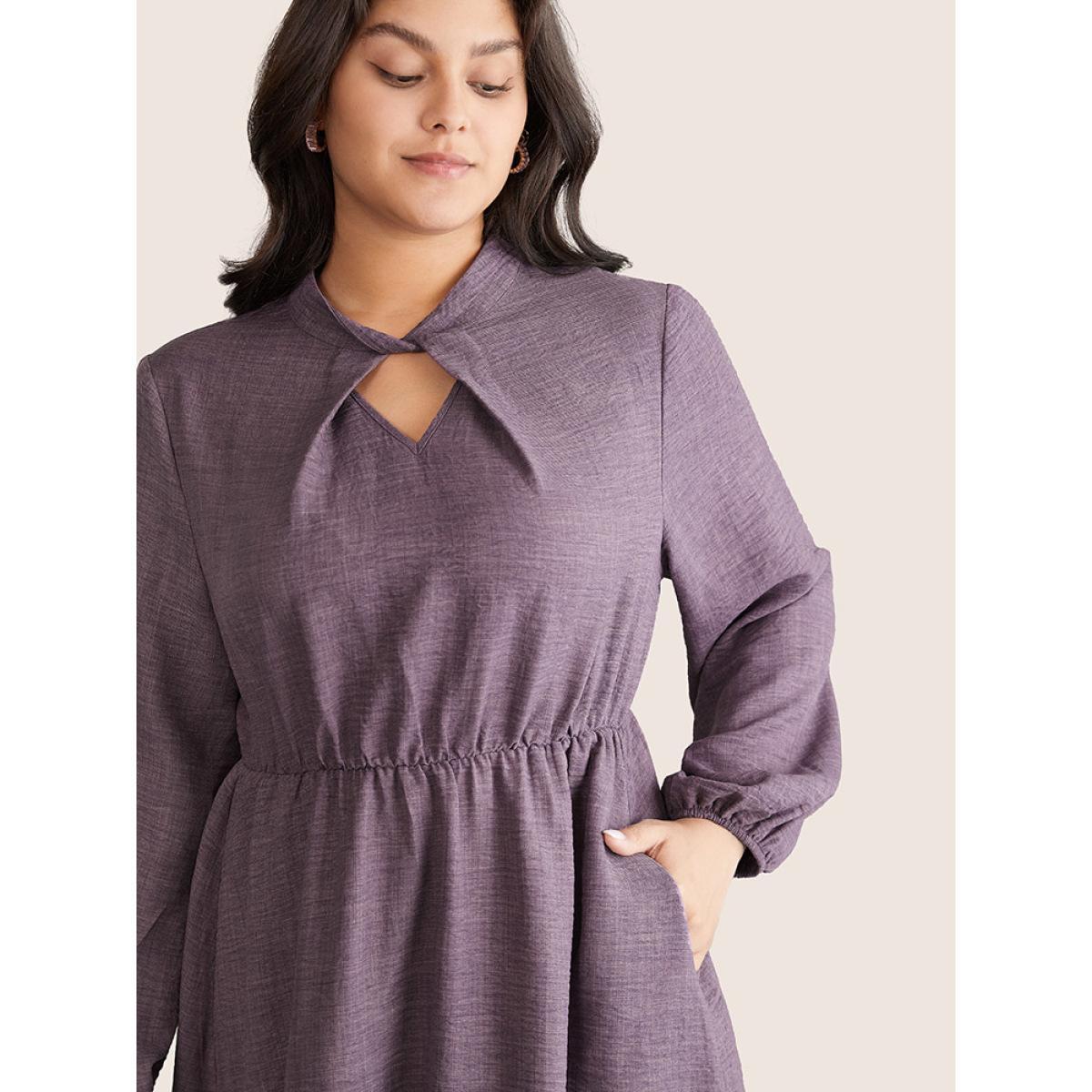 Plus Size Static-Free Elastic Waist Twist Neck Lantern Sleeve Dress Mauve Women Office Elastic cuffs Keyhole Cut-Out Long Sleeve Curvy Midi Dress BloomChic 26/4X Product Image