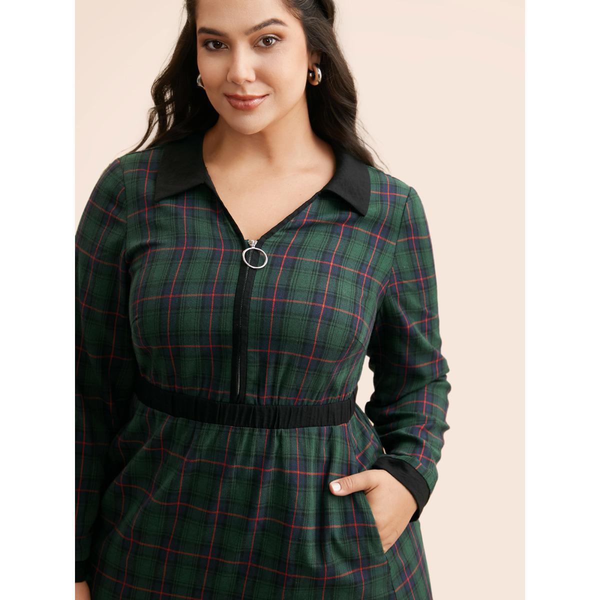 Plus Size Contrast Plaid O Ring Zipper Dress Emerald Women At the Office Contrast Shirt collar Long Sleeve Curvy BloomChic 18-20/2X Product Image
