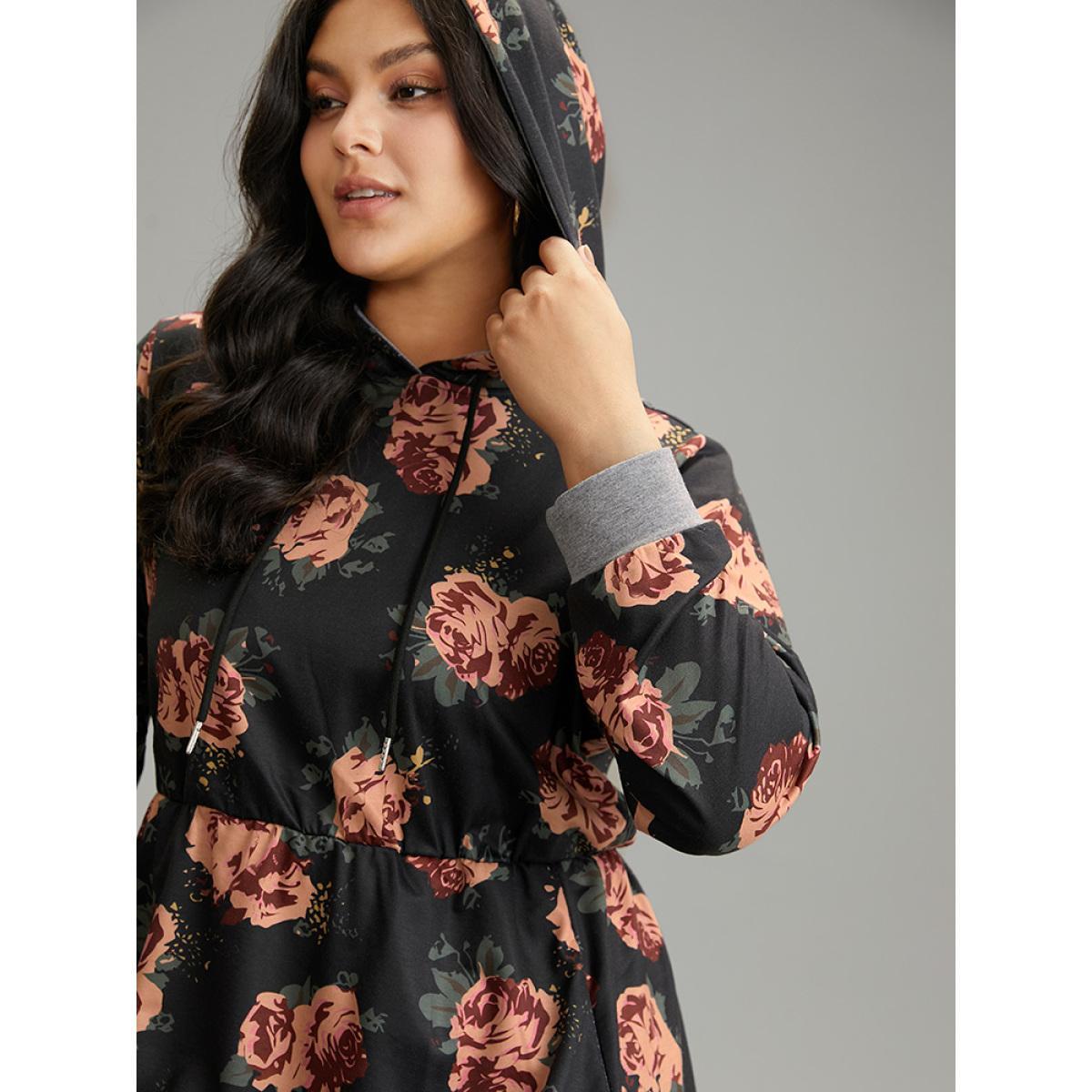 Plus Size Floral Elastic Waist Hooded Drawstring Pocket Dress Black Women Casual Printed Hooded Long Sleeve Curvy Midi Dress BloomChic 12/L Product Image