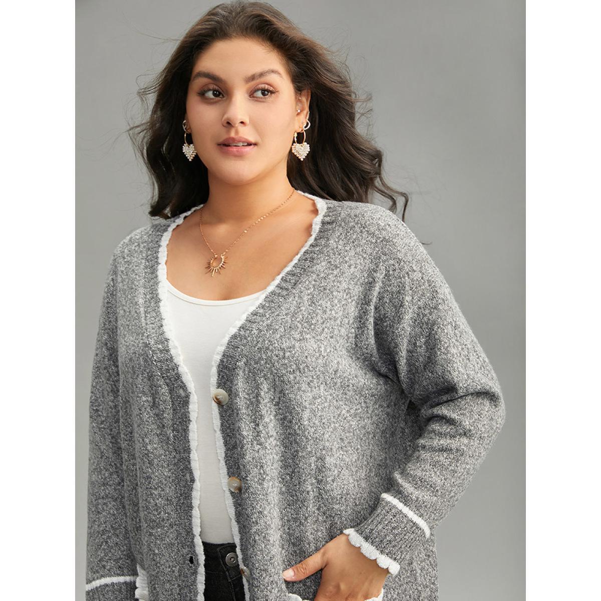 Plus Size Heather Contrast Pocket Button Through Cardigan Gray Women Casual Loose Long Sleeve Dailywear Cardigans BloomChic 26/4X Product Image