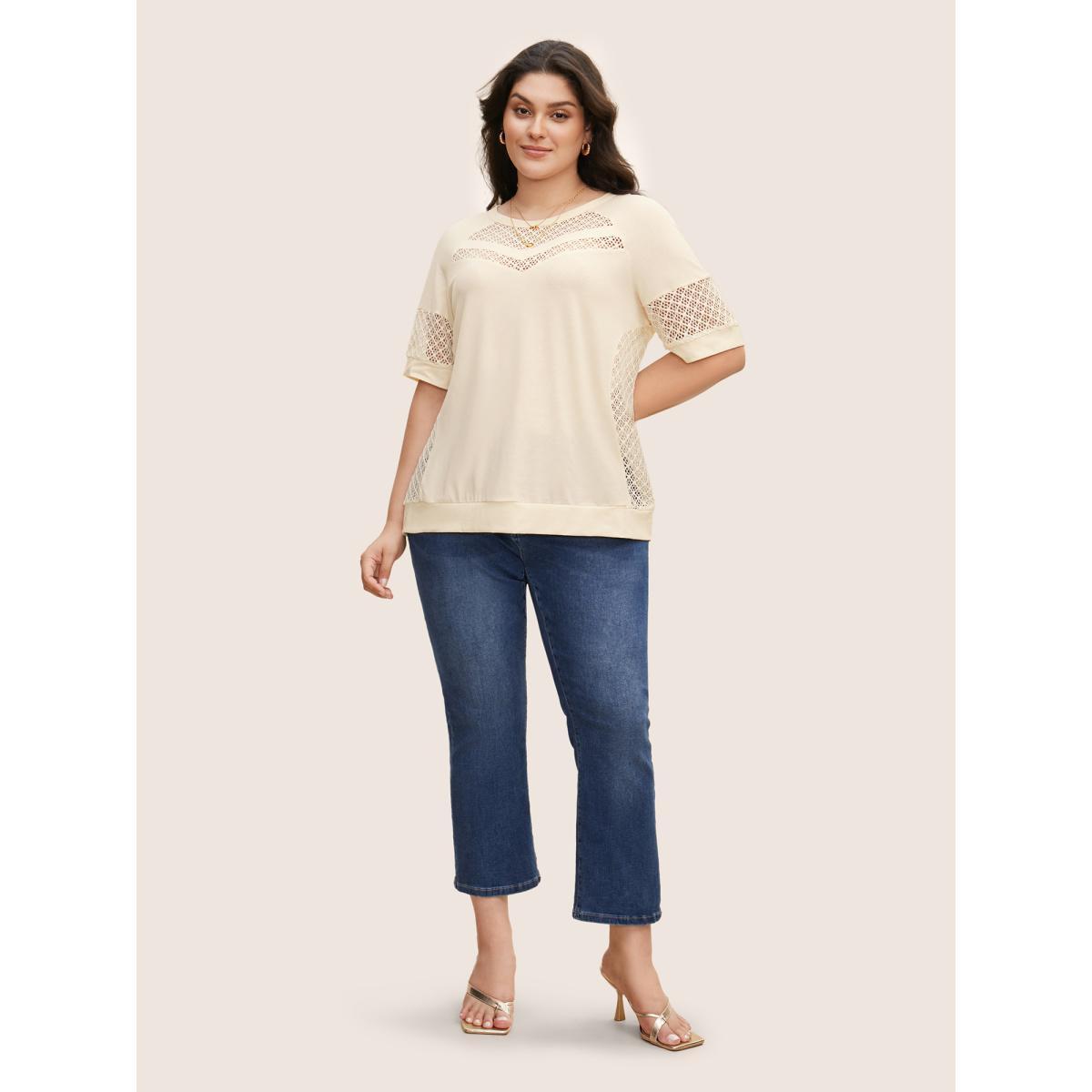 Plus Size Solid Hollow Out Raglan Sleeve T-shirt Beige Women Casual Patchwork Round Neck Everyday T-shirts BloomChic 26/4X Product Image