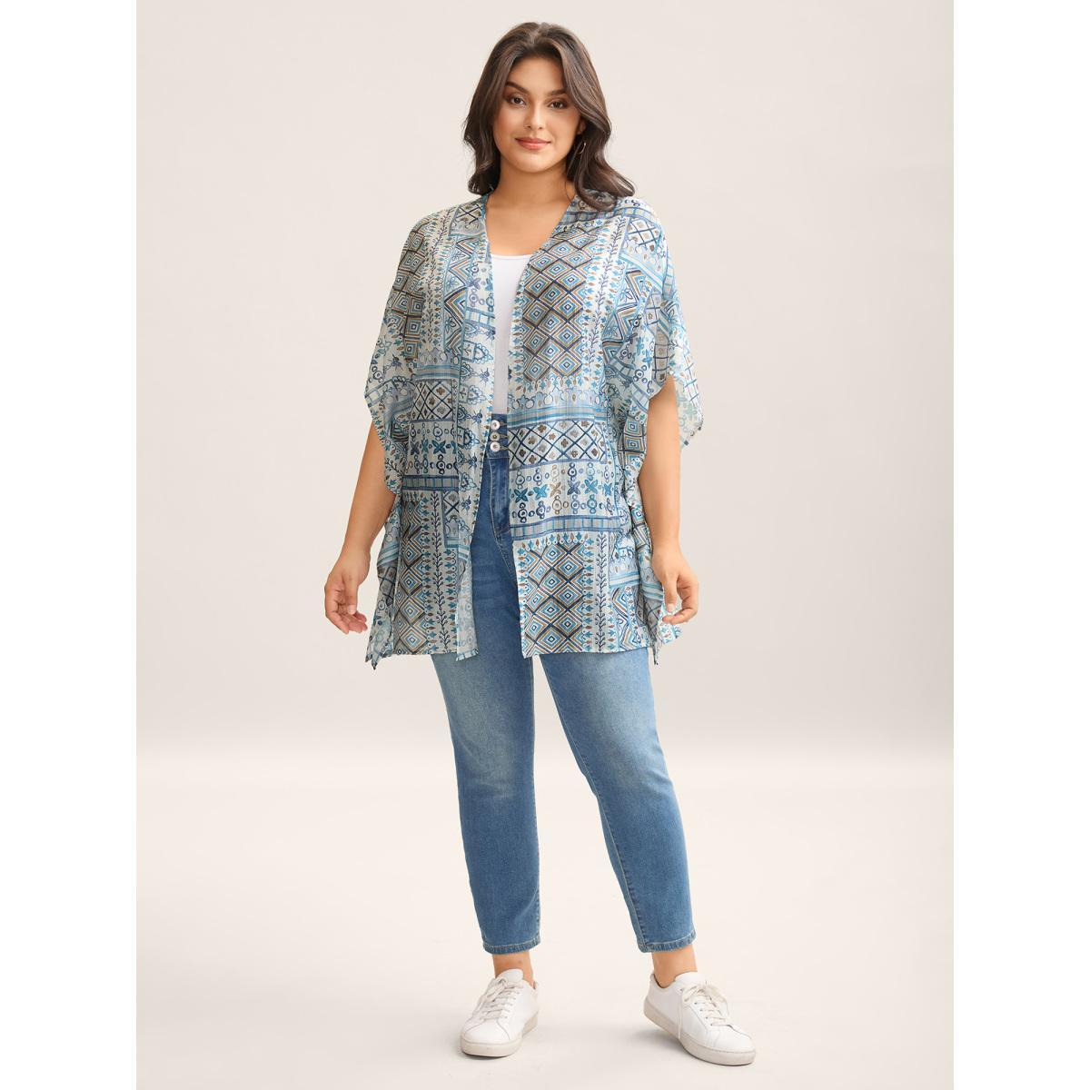 Plus Size Abstract Print Flowy Sleeve Kimono Women Stone Non Loose Vacation Kimonos BloomChic 12/L Product Image